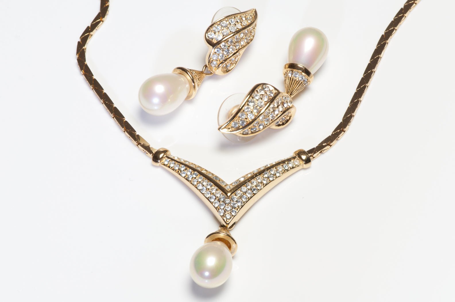 Vintage Christian Dior Paris Gold Plated Crystal Pearl Earrings Necklace Set