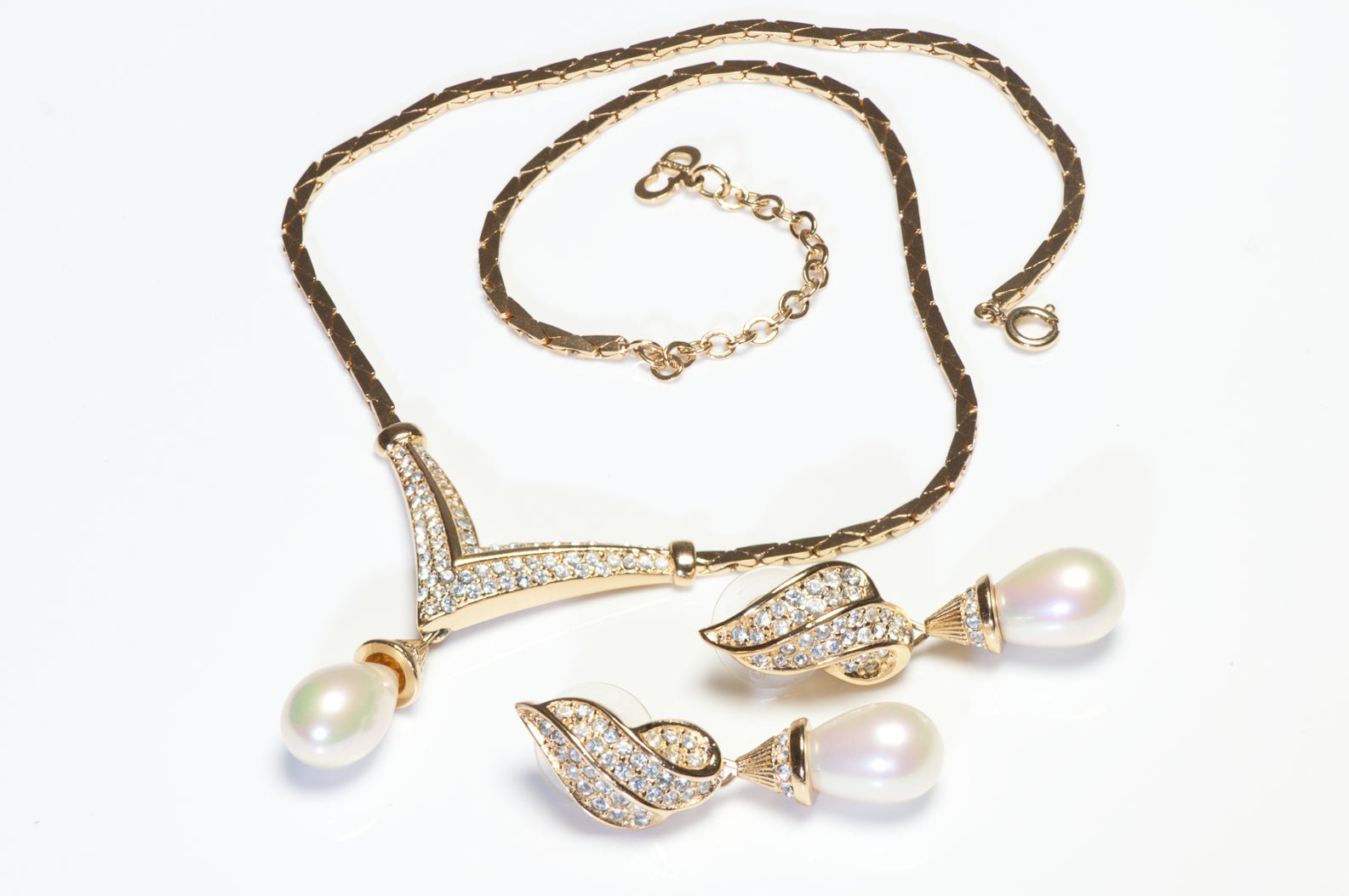 Vintage Christian Dior Paris Gold Plated Crystal Pearl Earrings Necklace Set
