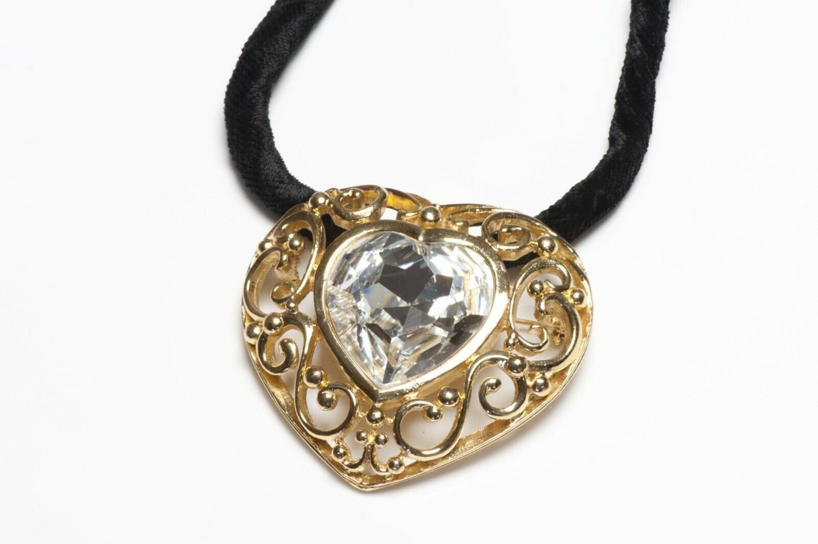 Vintage Christian Dior Paris Heart Crystal Brooch Pendant Necklace