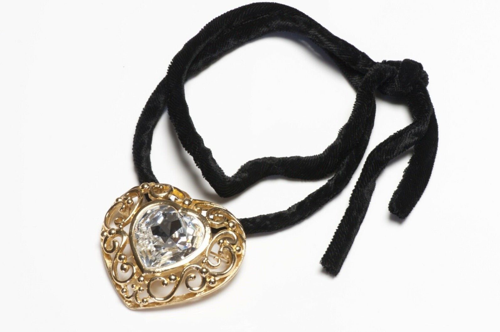 Vintage Christian Dior Paris Heart Crystal Brooch Pendant Necklace