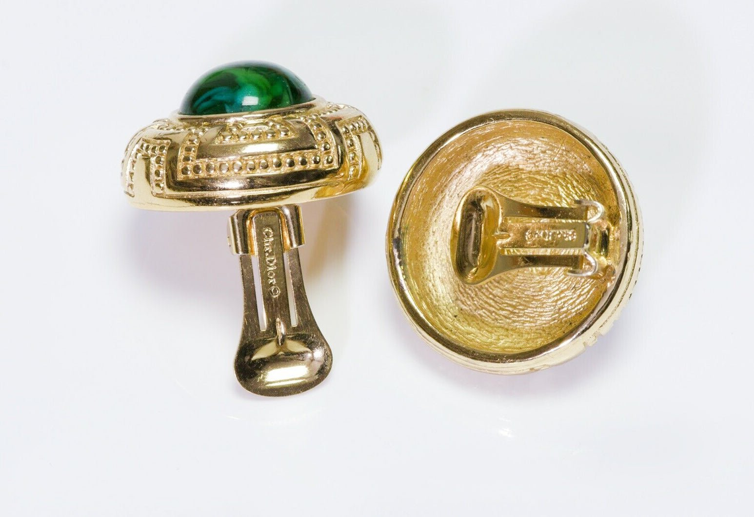 Vintage Christian DIOR Textured Green Cabochon Glass Earrings