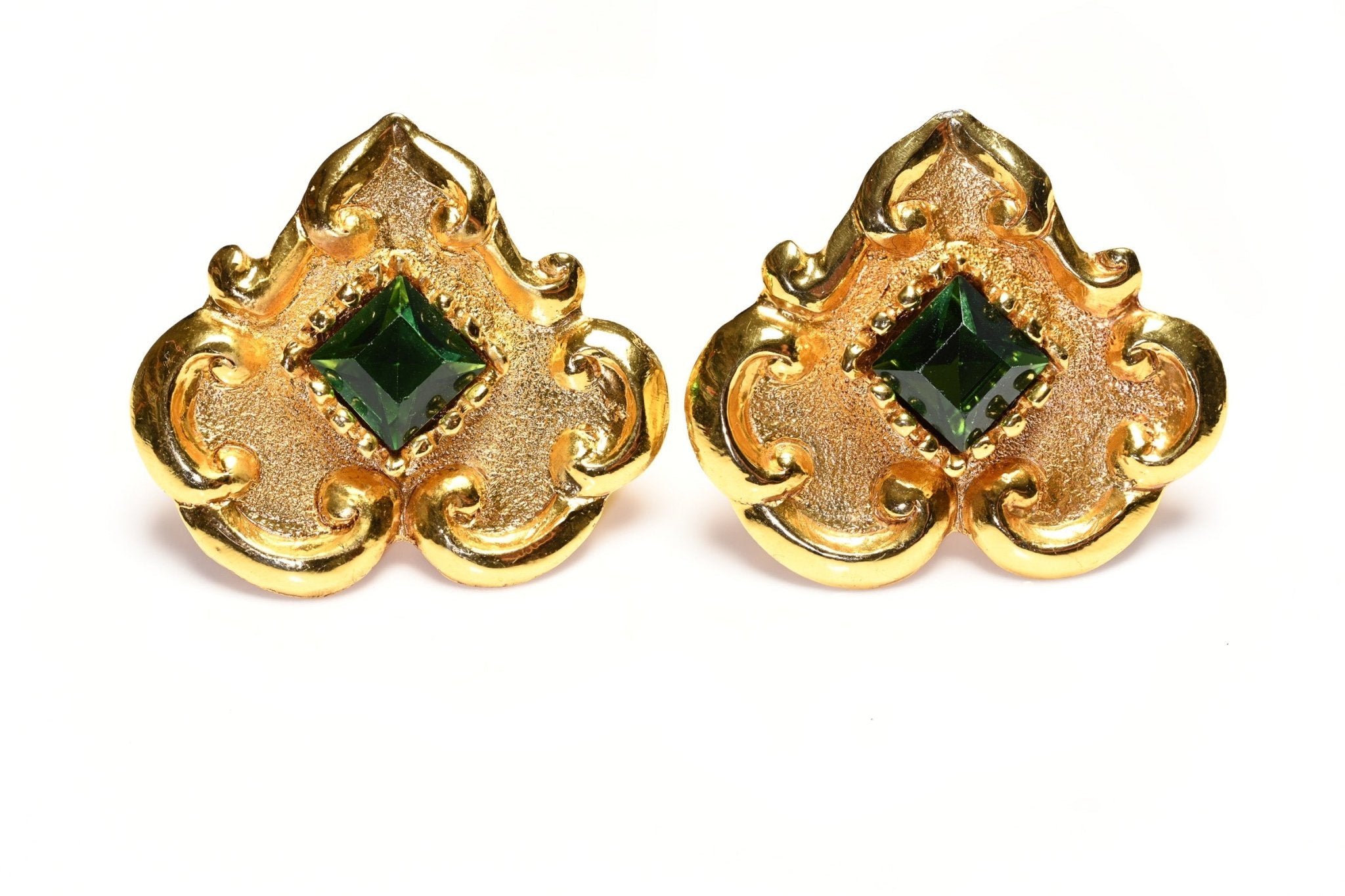 Vintage Christian Lacroix Couture Baroque Style Green Crystal Heart Earrings