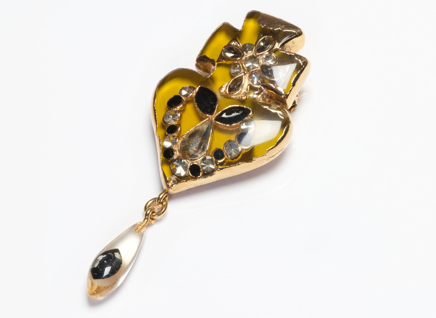 Vintage Christian Lacroix Paris Couture Heart Cross Black Crystal Lucite Brooch