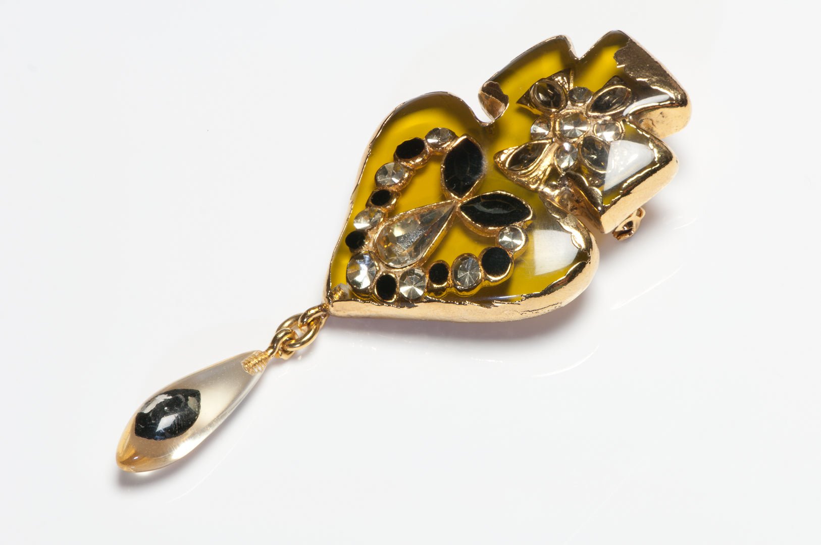 Vintage Christian Lacroix Paris Couture Heart Cross Black Crystal Lucite Brooch