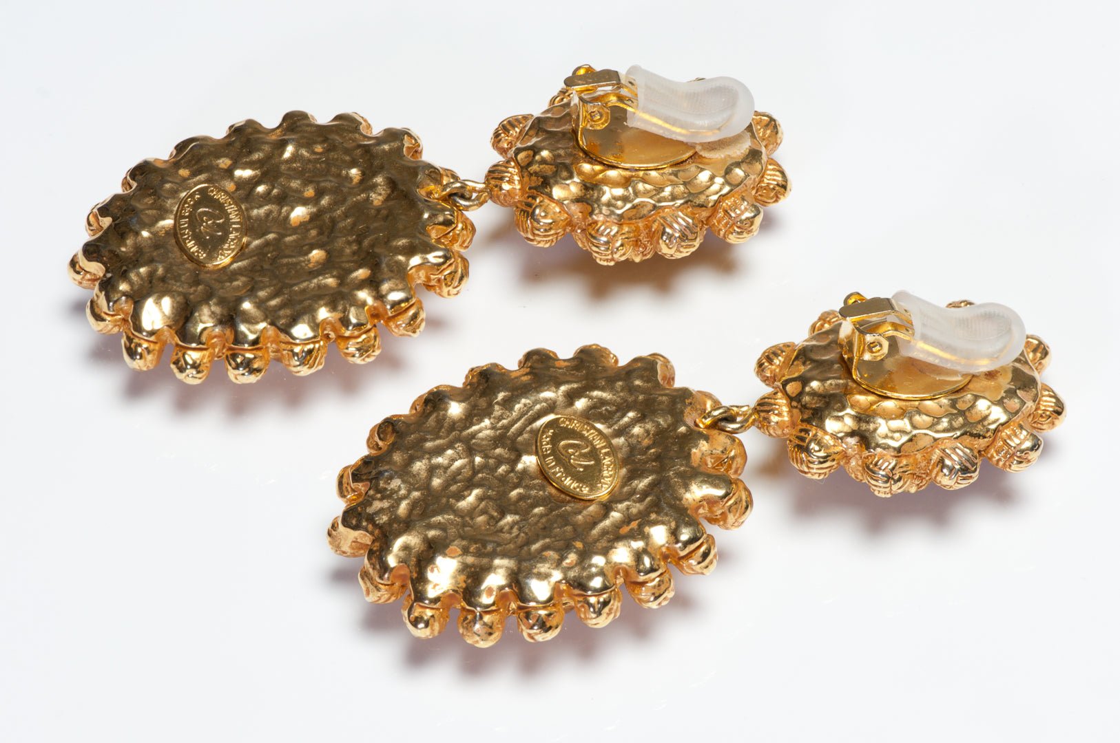 Vintage Christian Lacroix Paris Couture Long Gold Plated Textured Logo Earrings