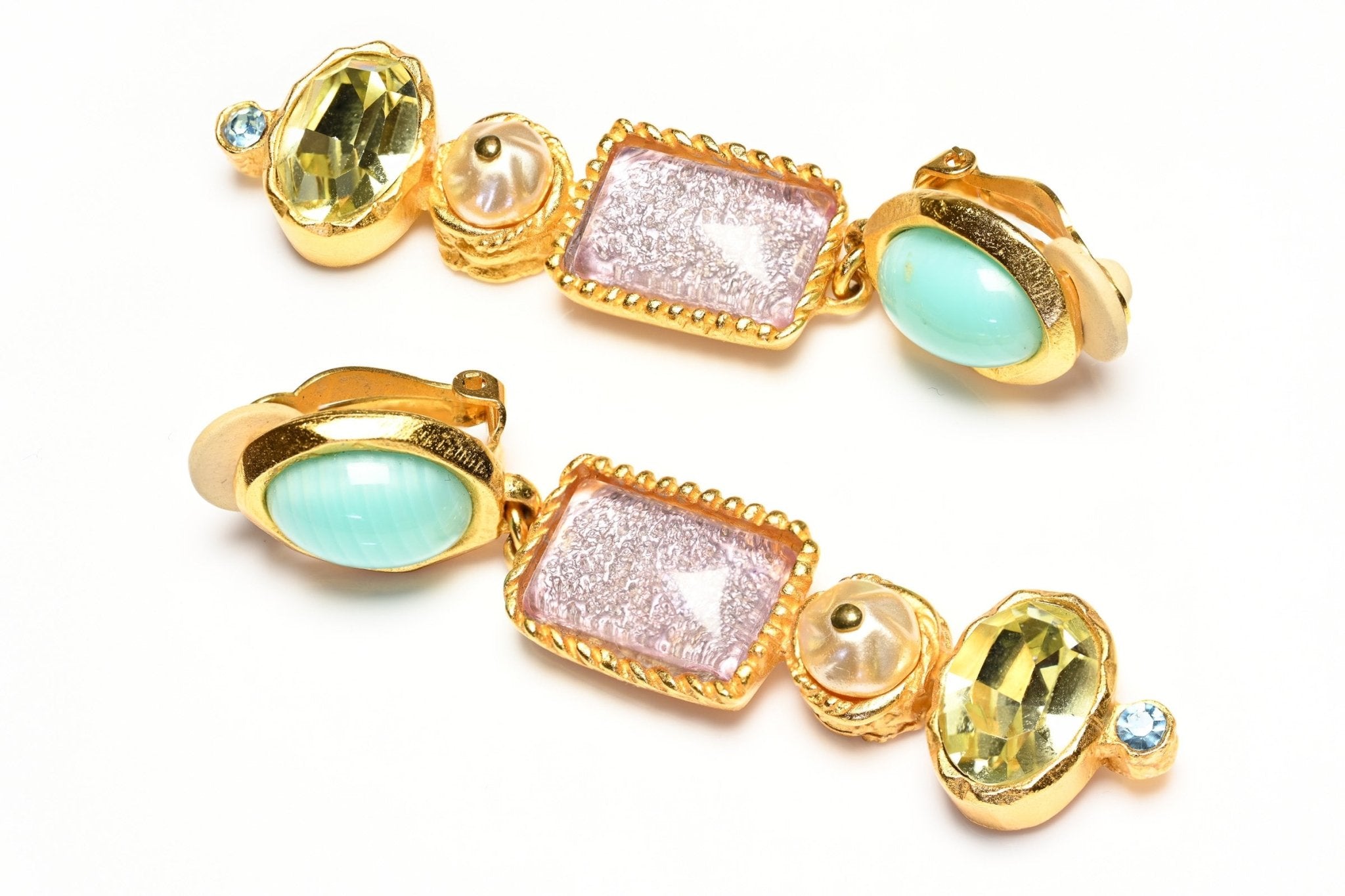 Vintage Christian Lacroix Paris Yellow Blue Purple Pearl Crystal Drop Earrings