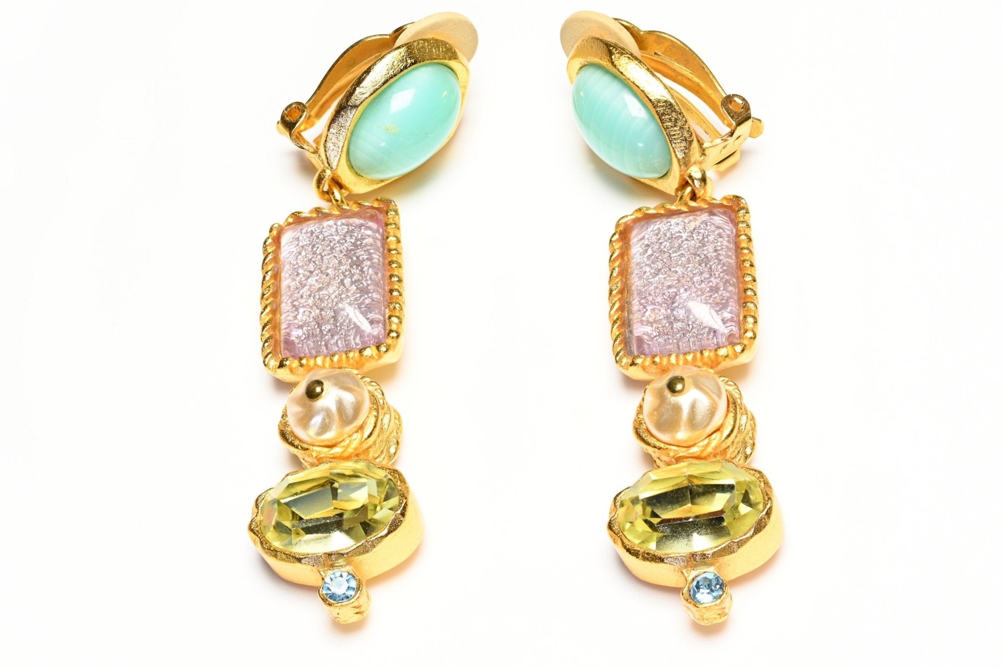 Vintage Christian Lacroix Paris Yellow Blue Purple Pearl Crystal Drop Earrings