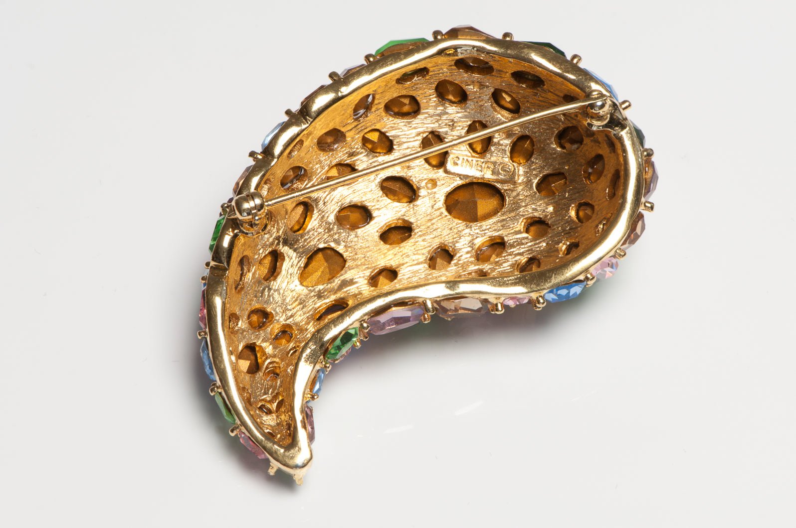 Vintage Ciner Blue Pink Green Purple Crystal Paisley Brooch