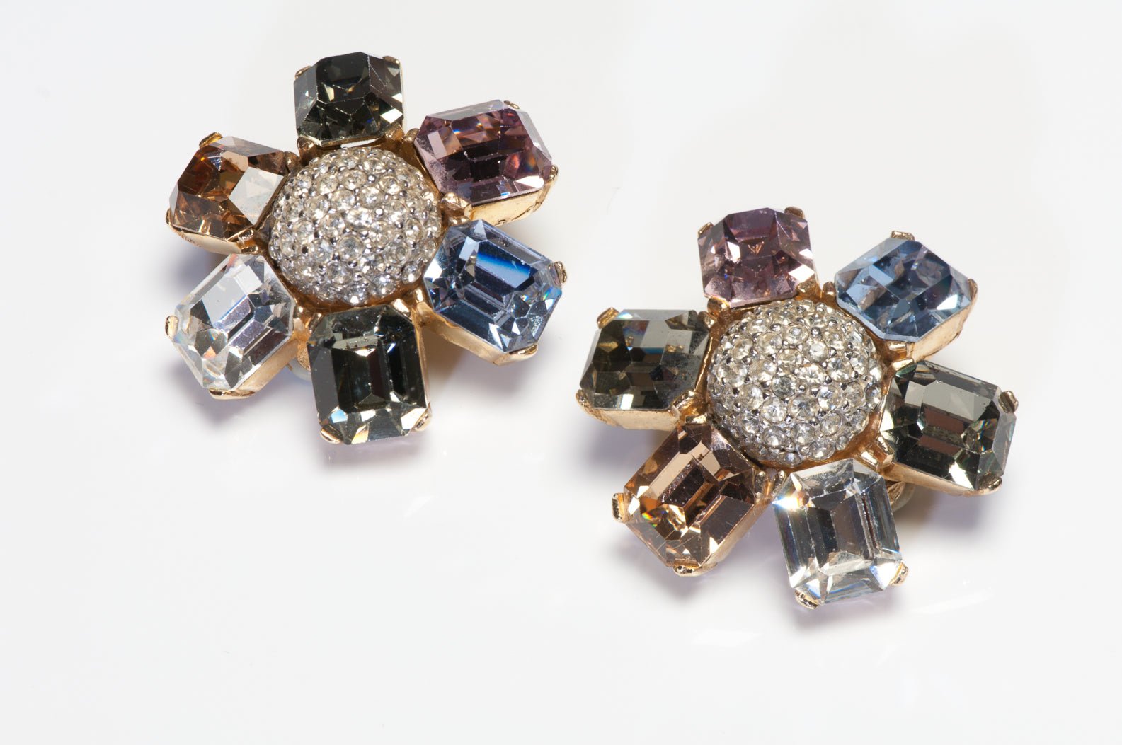 Vintage Ciner Gold Plated Yellow Pink Blue Crystal Flower Earrings