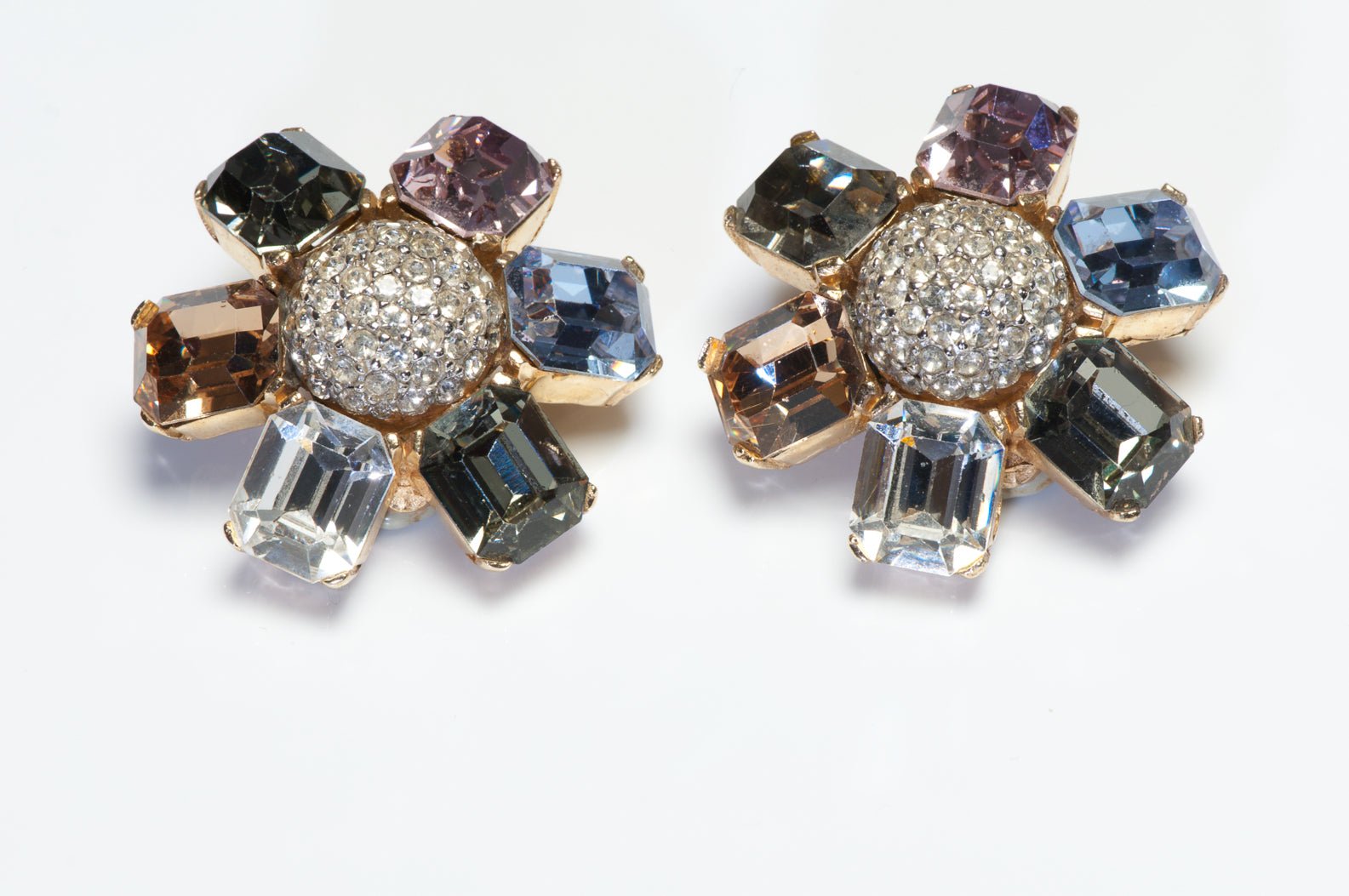 Vintage Ciner Gold Plated Yellow Pink Blue Crystal Flower Earrings