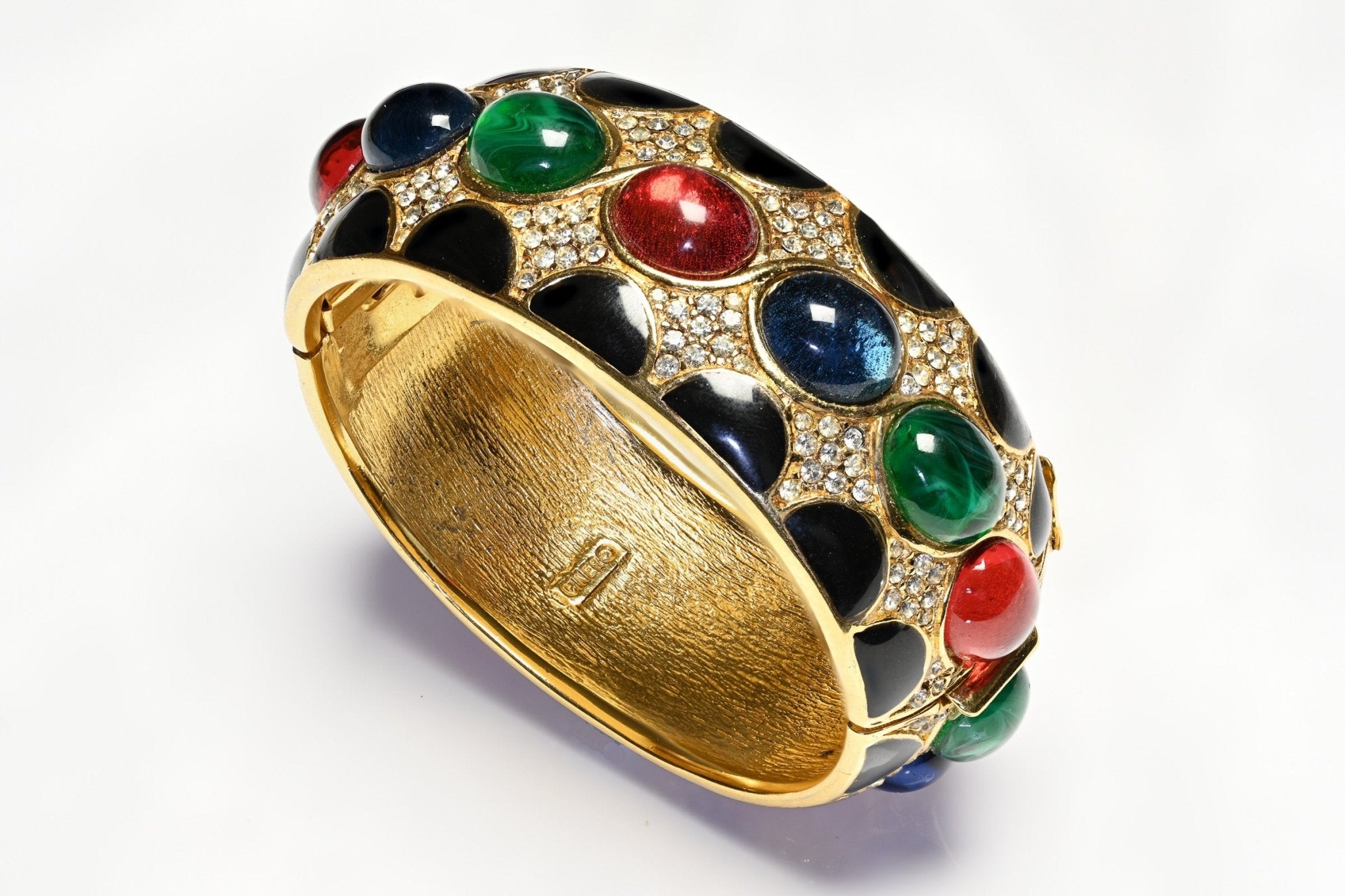 Vintage Ciner Mughal Style Enamel Red Blue Green Cabochon Glass Bangle Bracelet