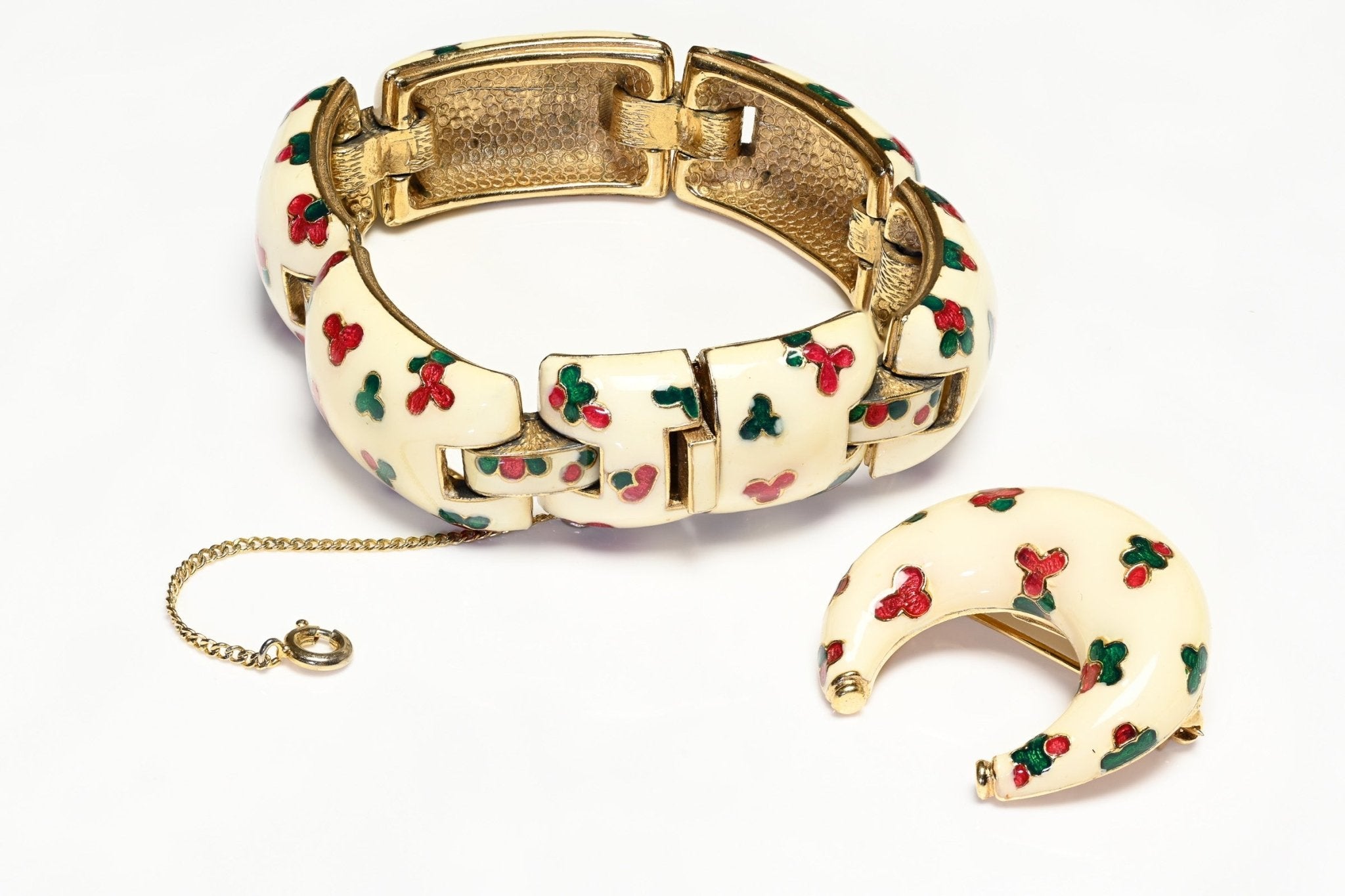 Vintage Ciner White Red Green Inlaid Enamel Flower Bracelet Crescent Moon Brooch Set