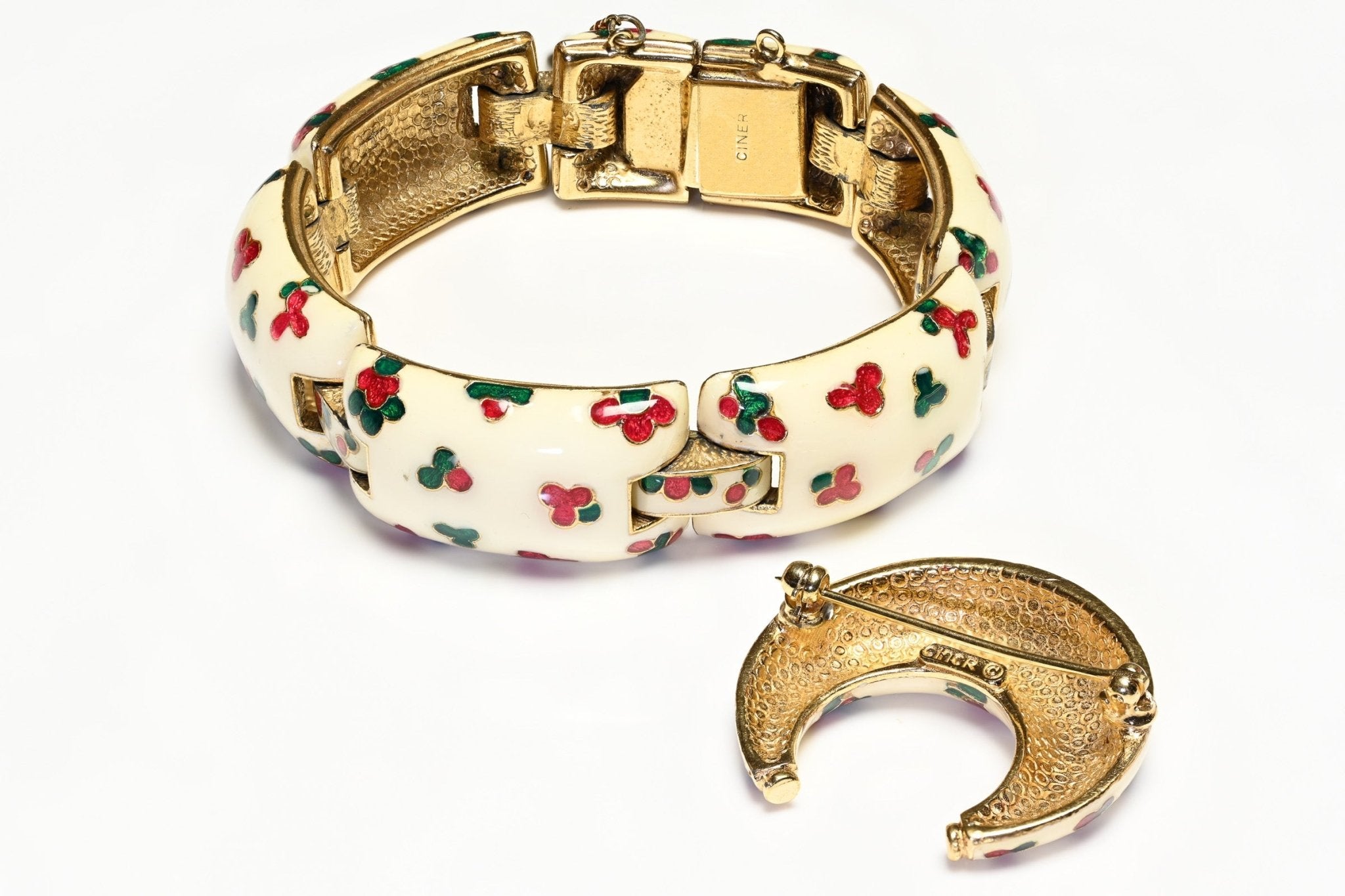 Vintage Ciner White Red Green Inlaid Enamel Flower Bracelet Crescent Moon Brooch Set