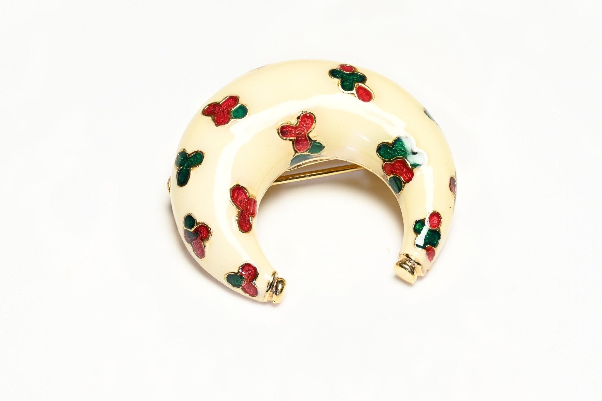 Vintage Ciner White Red Green Inlaid Enamel Flower Bracelet Crescent Moon Brooch Set