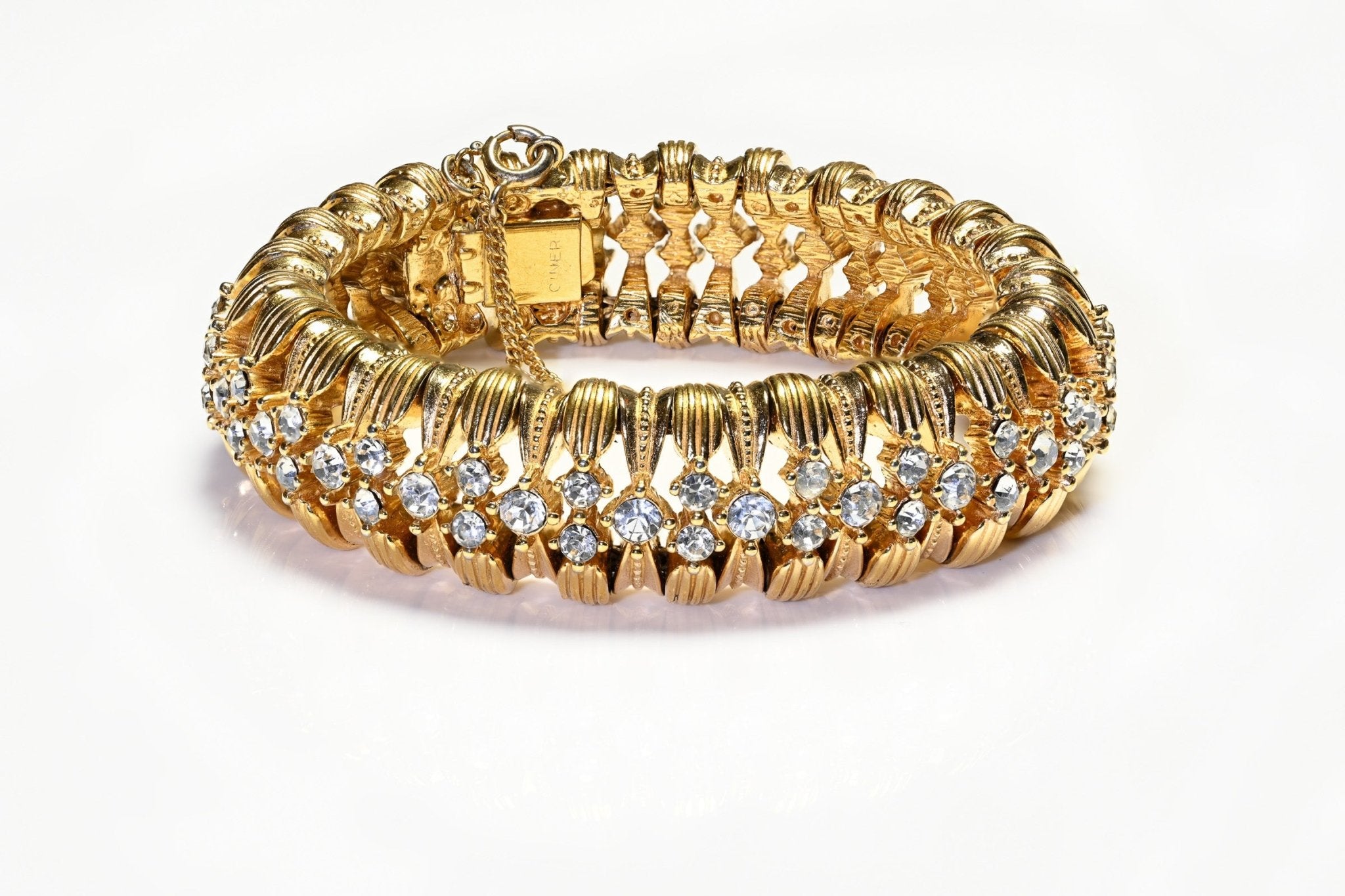 Vintage Ciner Wide Gold Plated Crystal Leaf Design Chain Bracelet