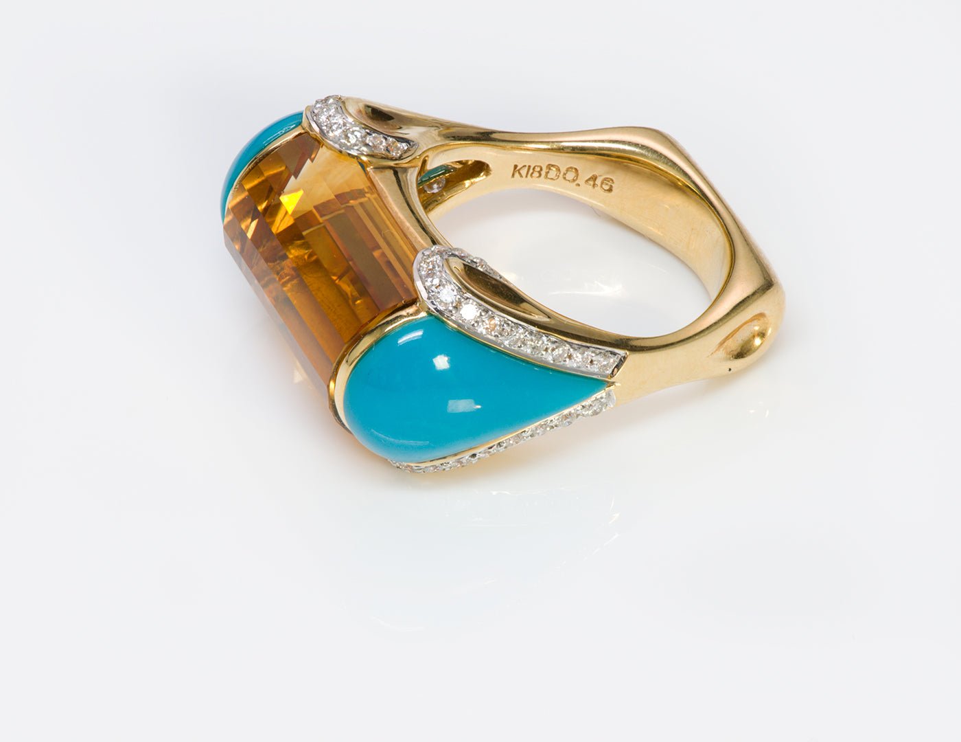 Vintage Citrine Turquoise Diamond 18K Gold Ring