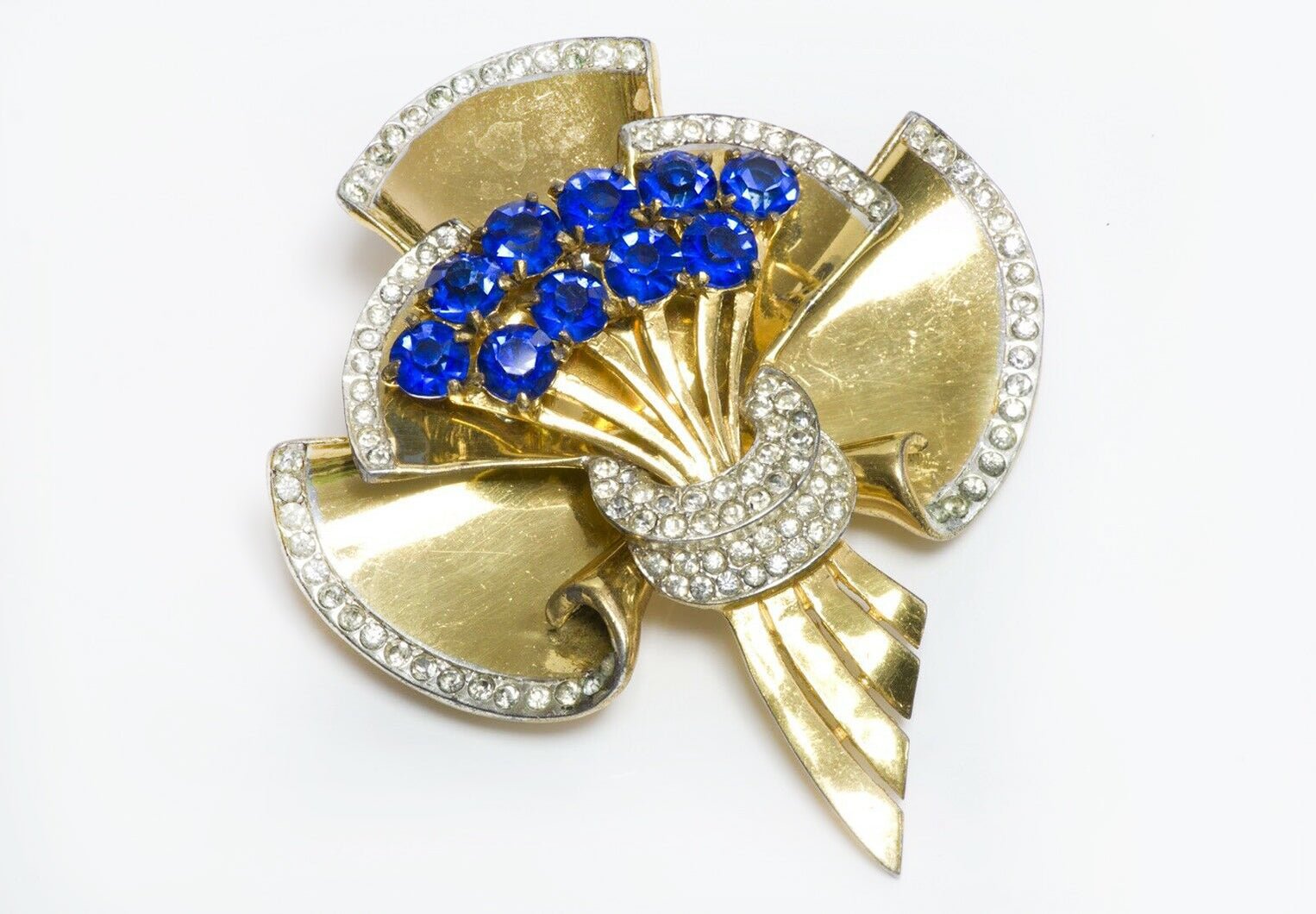 Vintage Coro Craft Sterling Silver Blue Crystal Flower Bouquet Brooch
