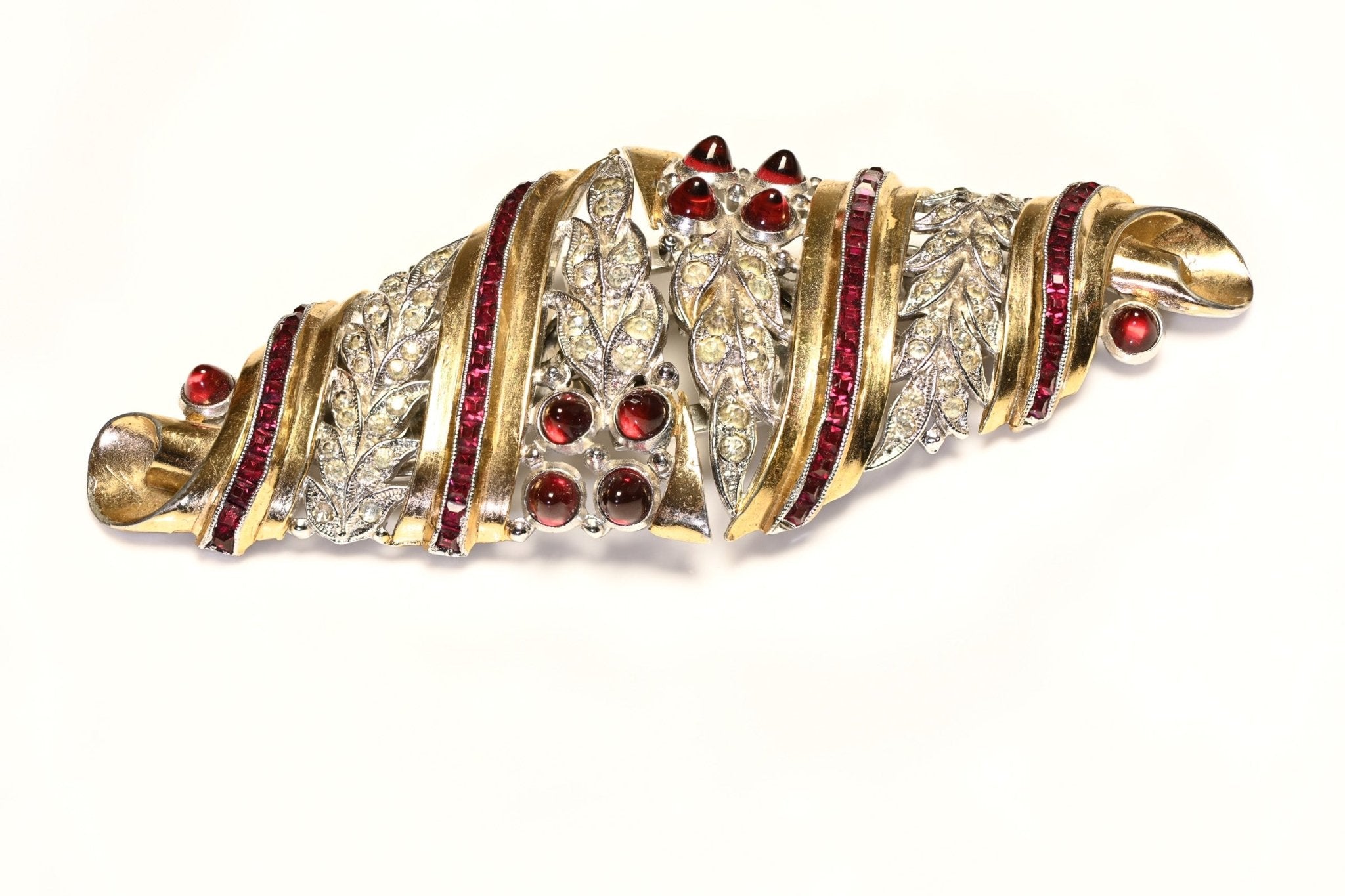 Vintage Coro Duette Gold Plated Rhodium Plated Red Crystal Flower Double Brooch