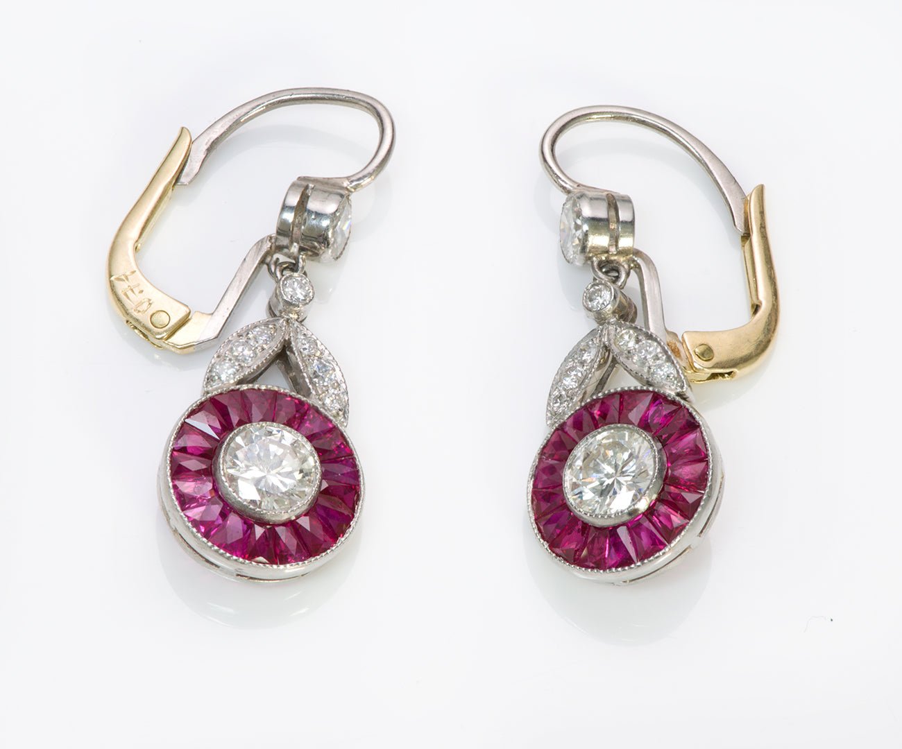 Vintage Diamond Ruby Platinum Gold Earrings
