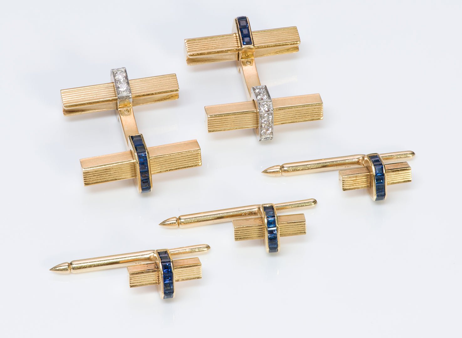 Vintage Diamond Sapphire Gold Ribbed Bar Cufflink & Stud Set