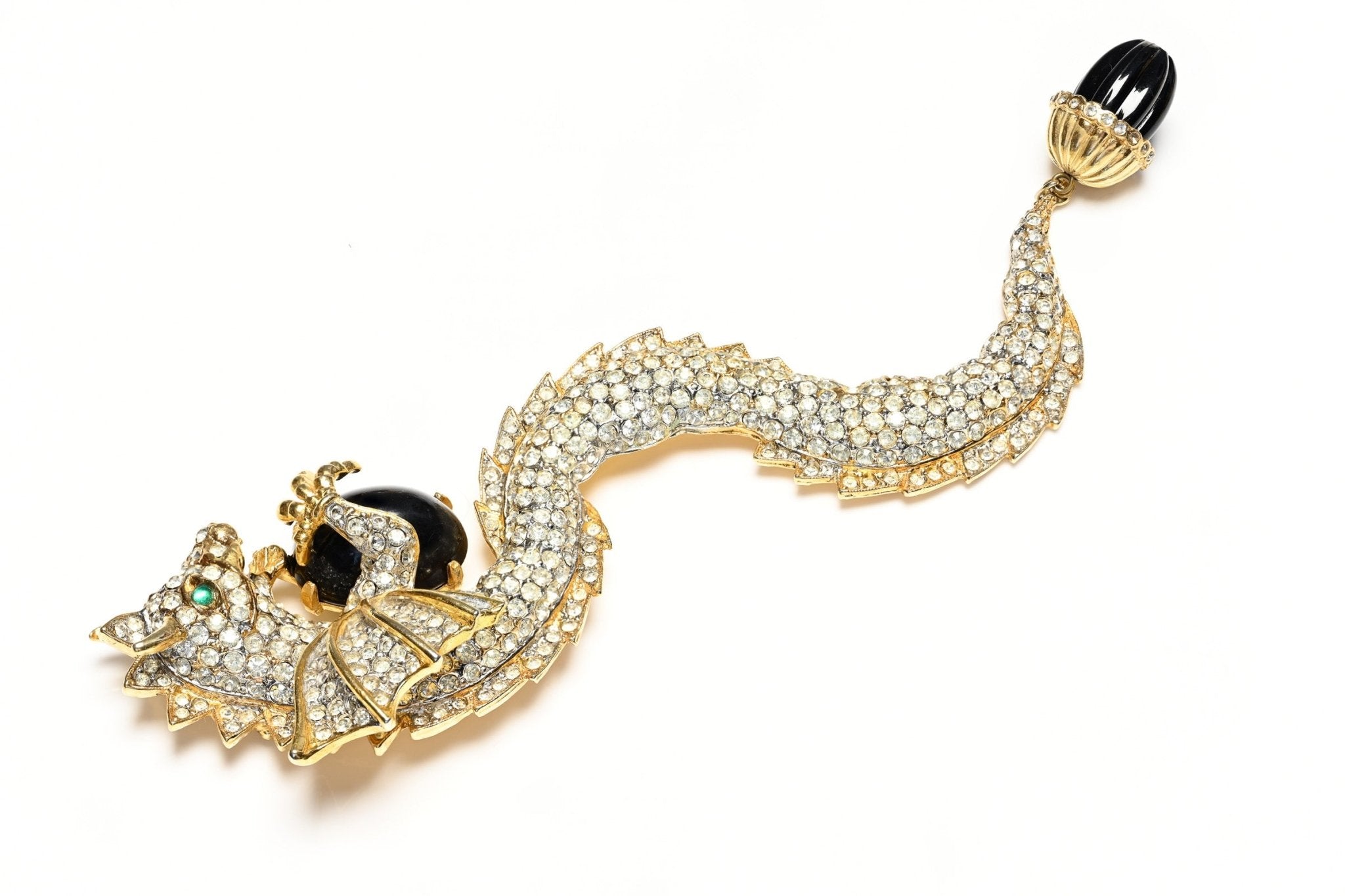 Vintage Donald Stannard Black Cabochon Crystal Large Dragon Brooch