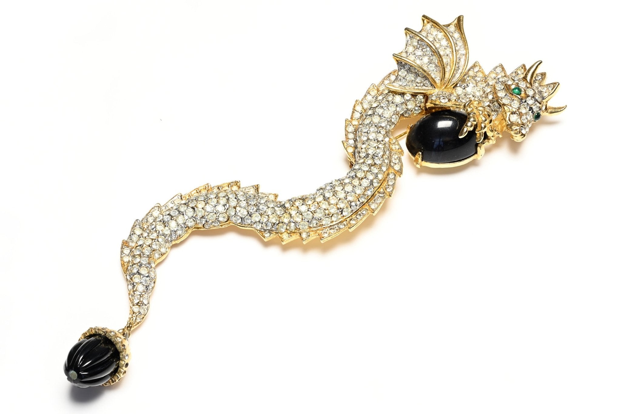 Vintage Donald Stannard Black Cabochon Crystal Large Dragon Brooch