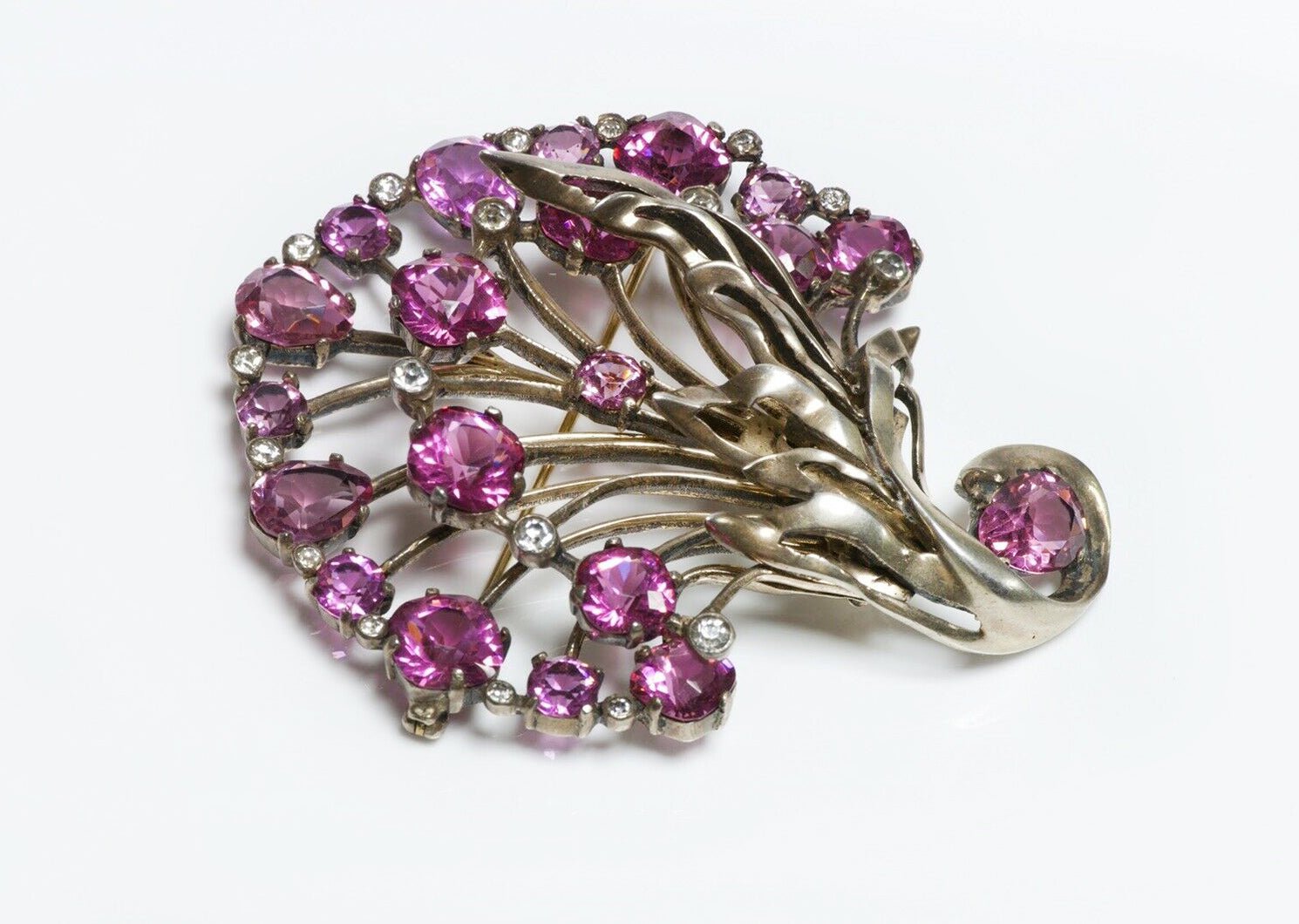 Vintage EISENBERG Sterling Silver Pink Crystal Flower Brooch