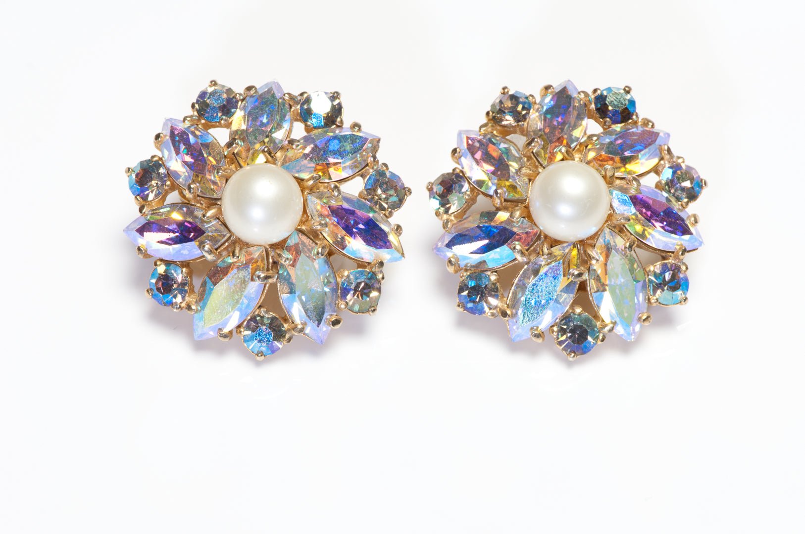 Vintage Elsa Schiaparelli Aurora Borealis Crystal Pearl Flower Earrings