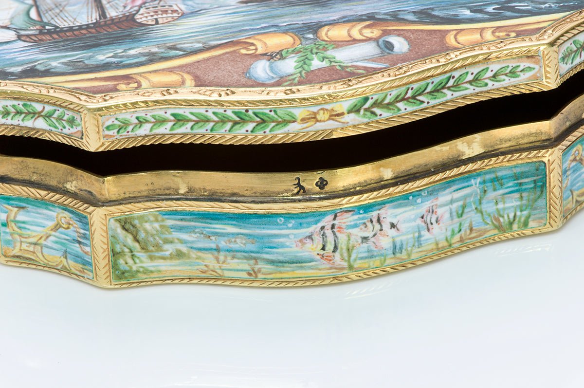 Vintage Engraved 18K Gold Enamel Box with Naval Battle Scene