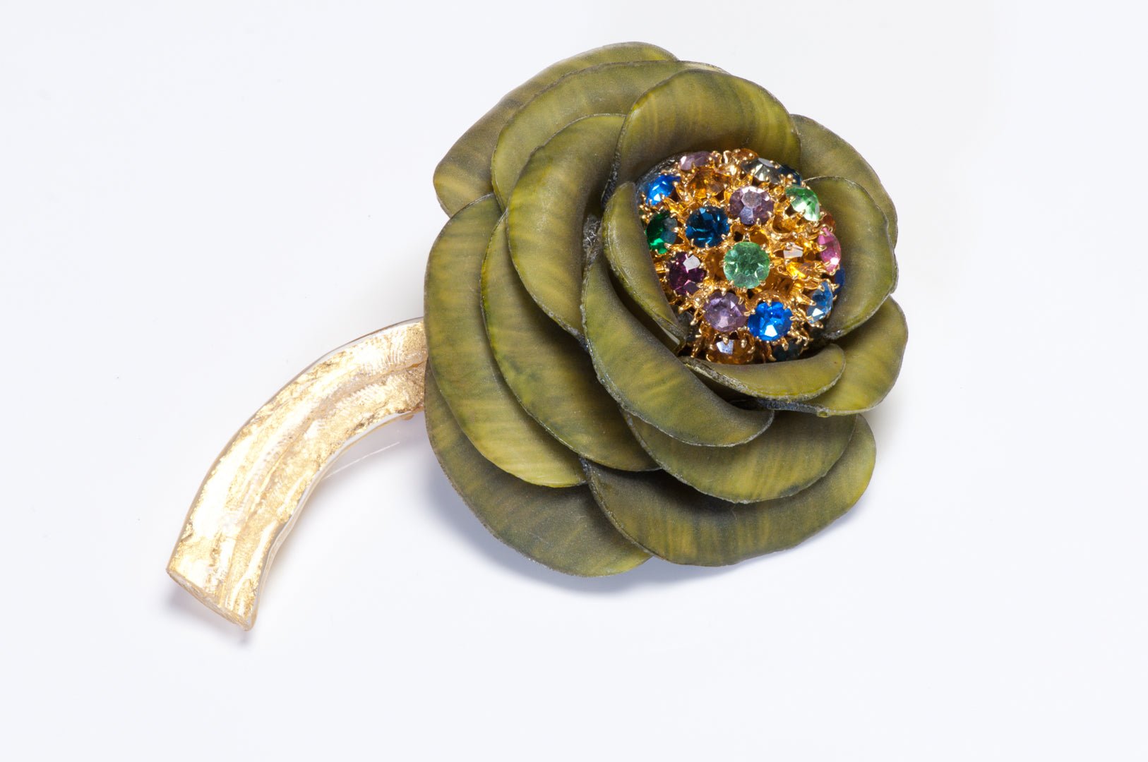 Vintage Fabrice Paris Green Resin Blue Pink Purple Crystal Flower Brooch