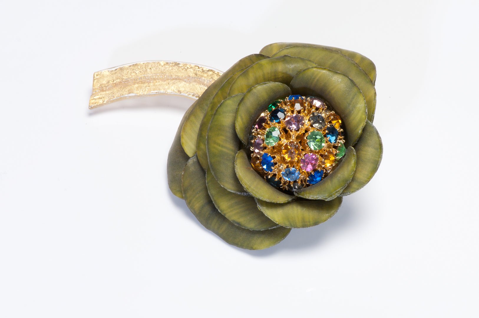 Vintage Fabrice Paris Green Resin Blue Pink Purple Crystal Flower Brooch