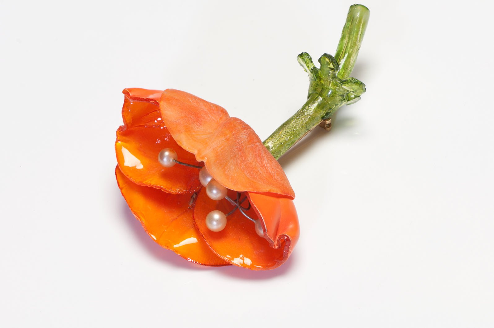 Vintage Fabrice Paris Orange Green Lucite Poppy Flower Brooch
