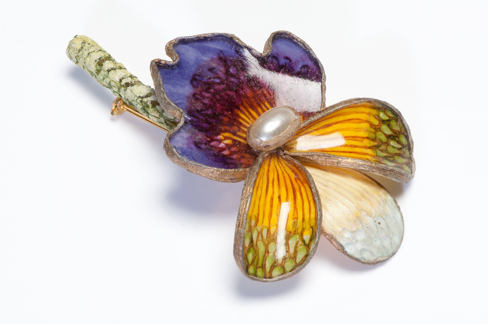 Vintage Fabrice Paris Pearl Purple Green Orange Lucite Orchid Flower Brooch