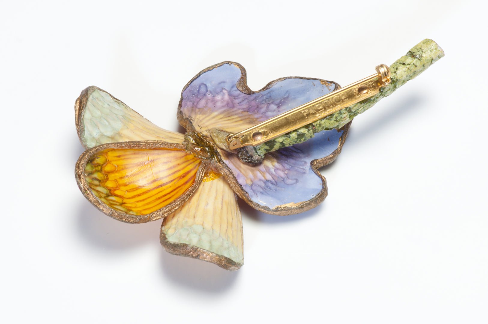 Vintage Fabrice Paris Pearl Purple Green Orange Lucite Orchid Flower Brooch