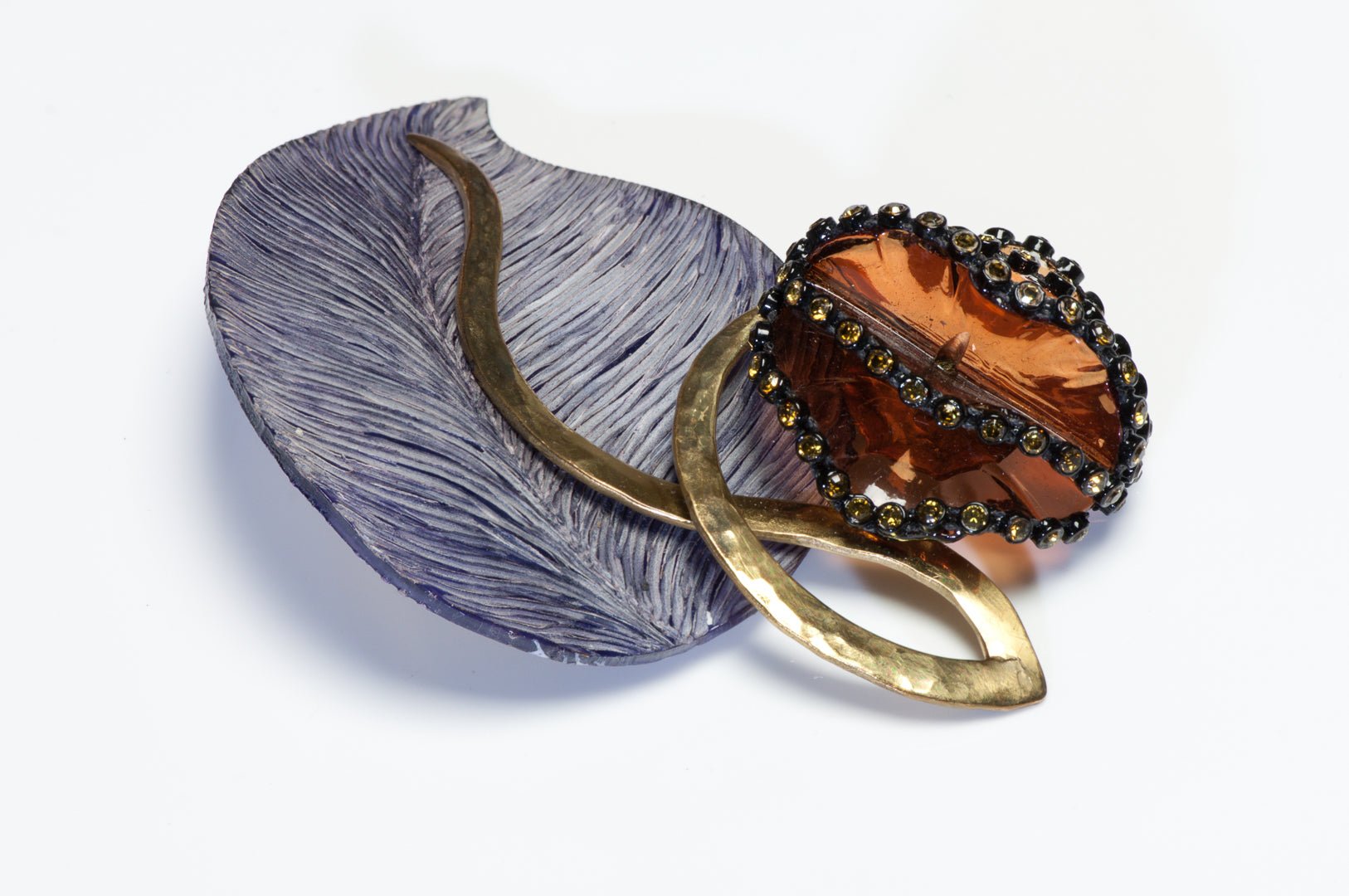 Vintage Fabrice Paris Purple Brown Resin Crystal Leaf Flower Brooch