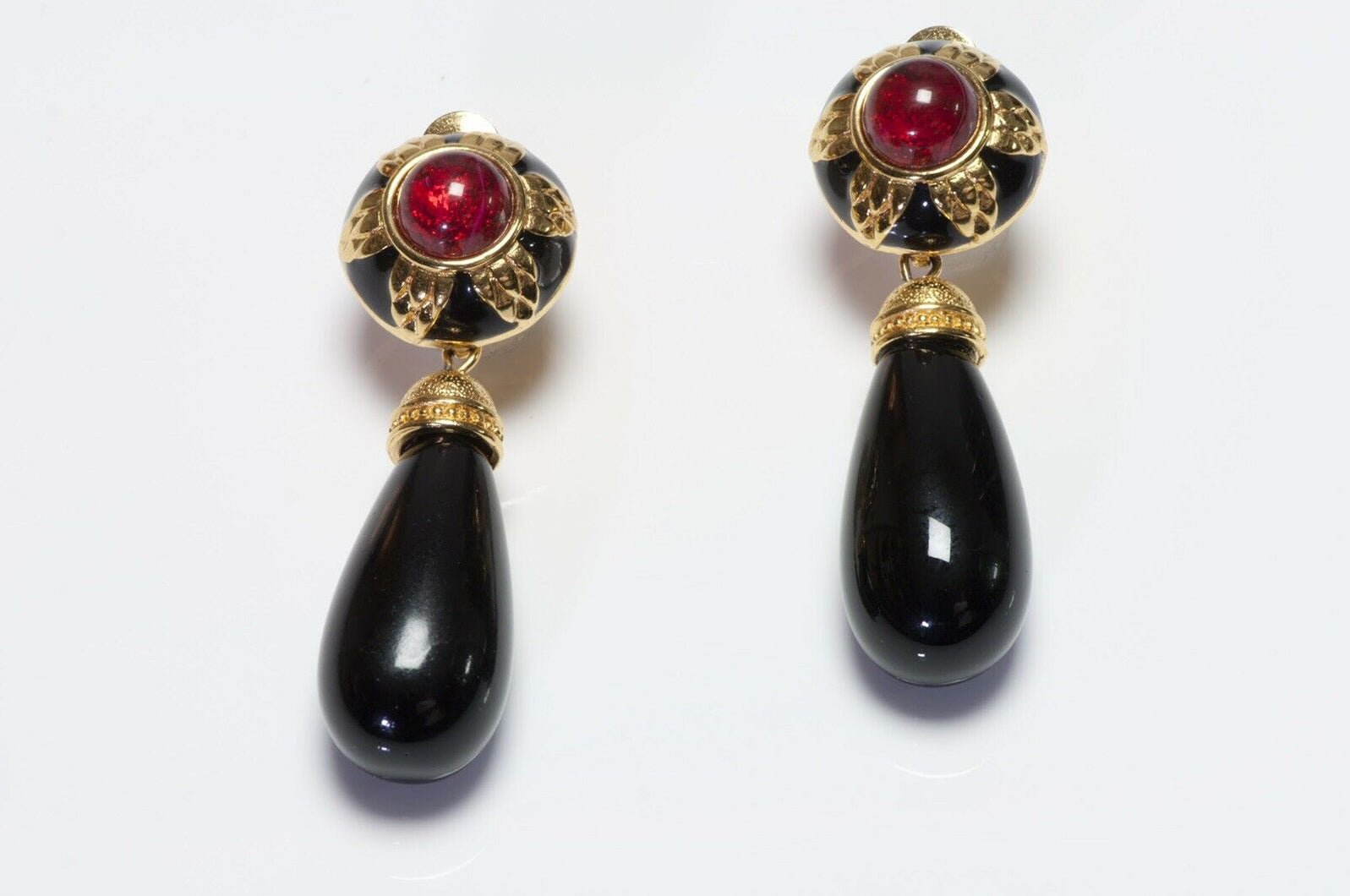 Vintage FENDI Black Enamel Red Glass Drop Earrings