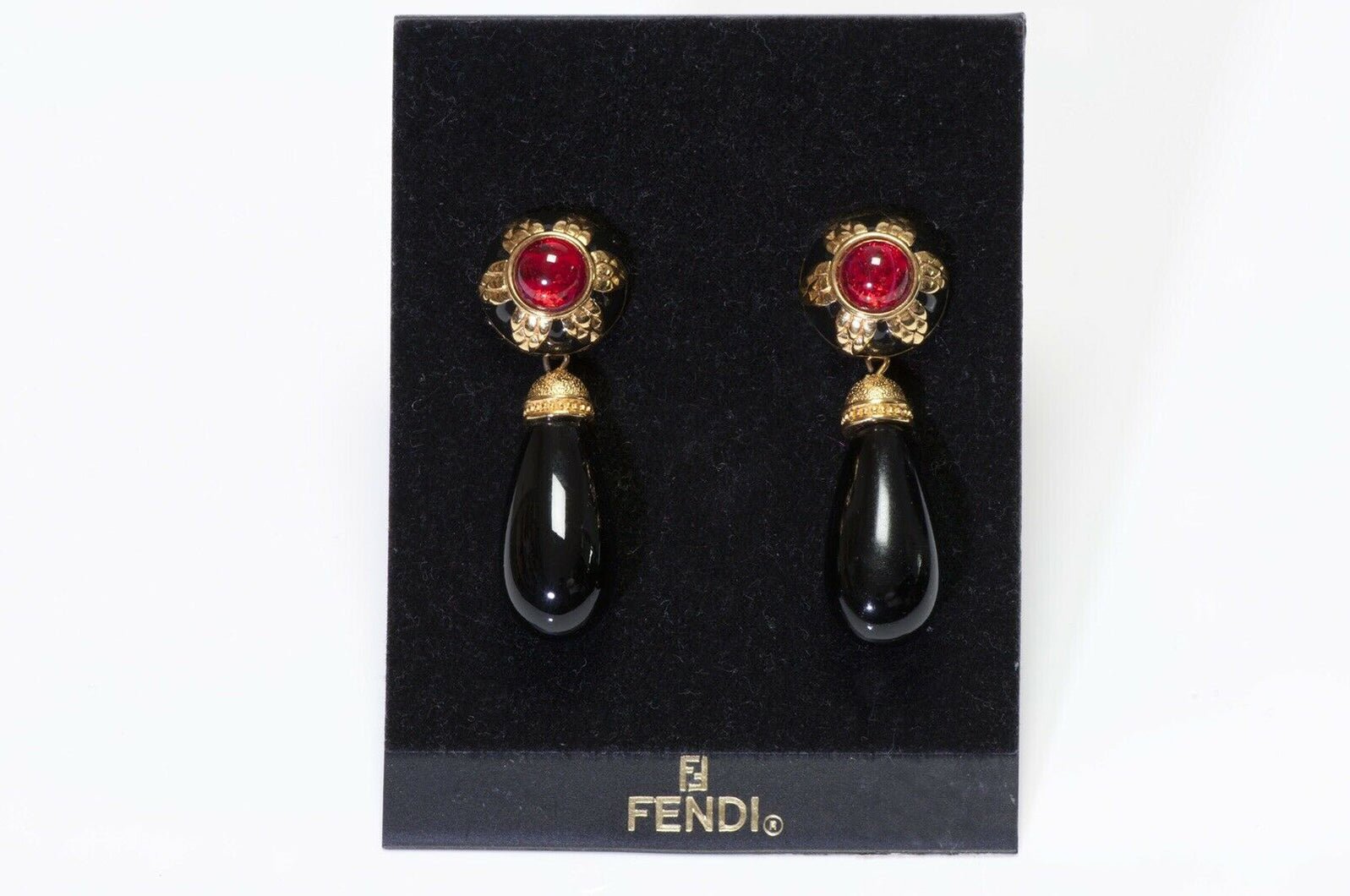 Vintage FENDI Black Enamel Red Glass Drop Earrings