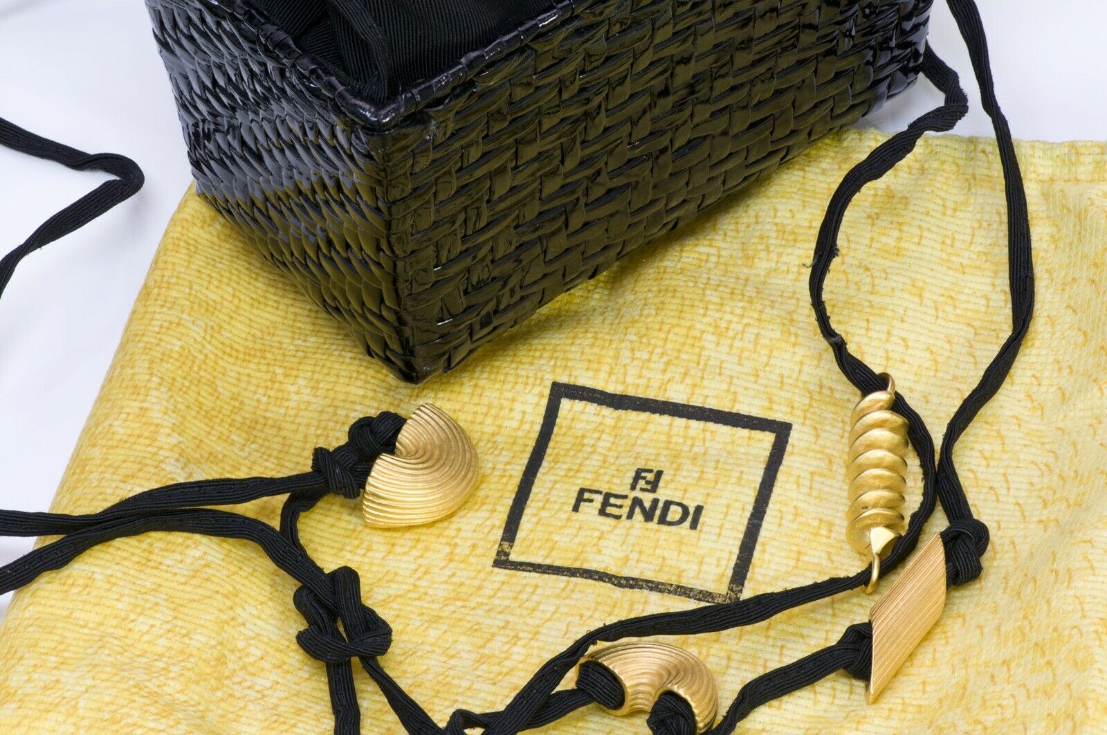 Vintage FENDI Pasta Style Black Satin Lacquered Basket Double Handle Mini Bag