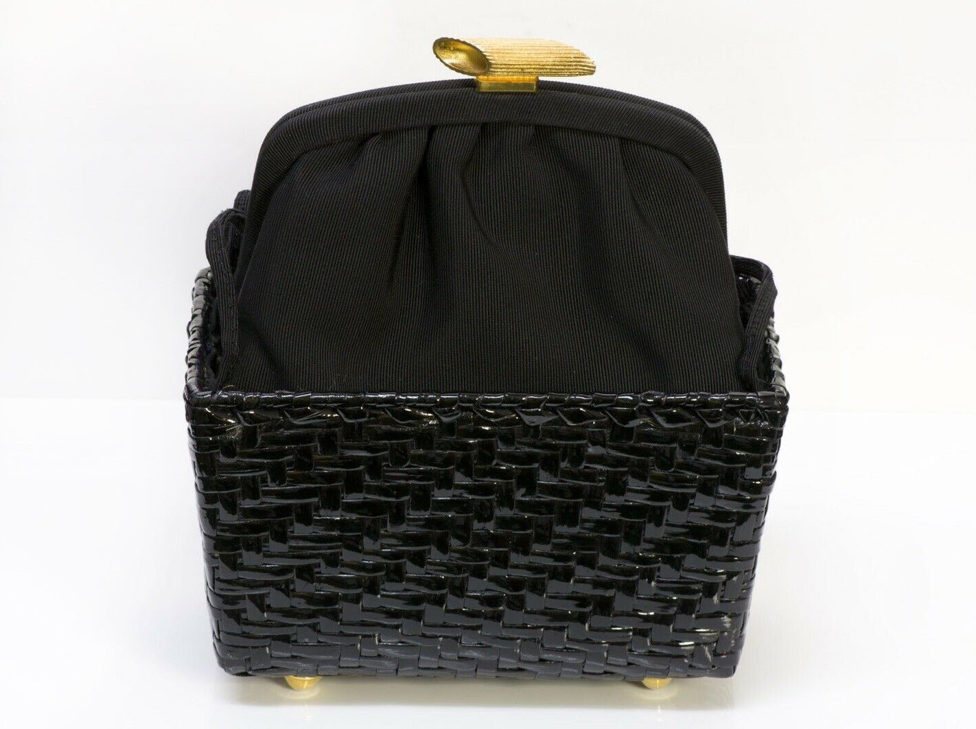 Vintage FENDI Pasta Style Black Satin Lacquered Basket Double Handle Mini Bag