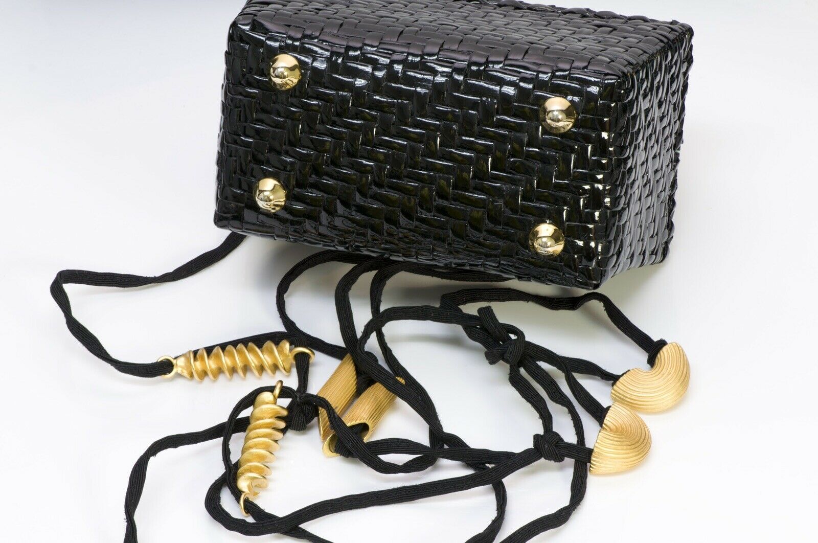 Vintage FENDI Pasta Style Black Satin Lacquered Basket Double Handle Mini Bag
