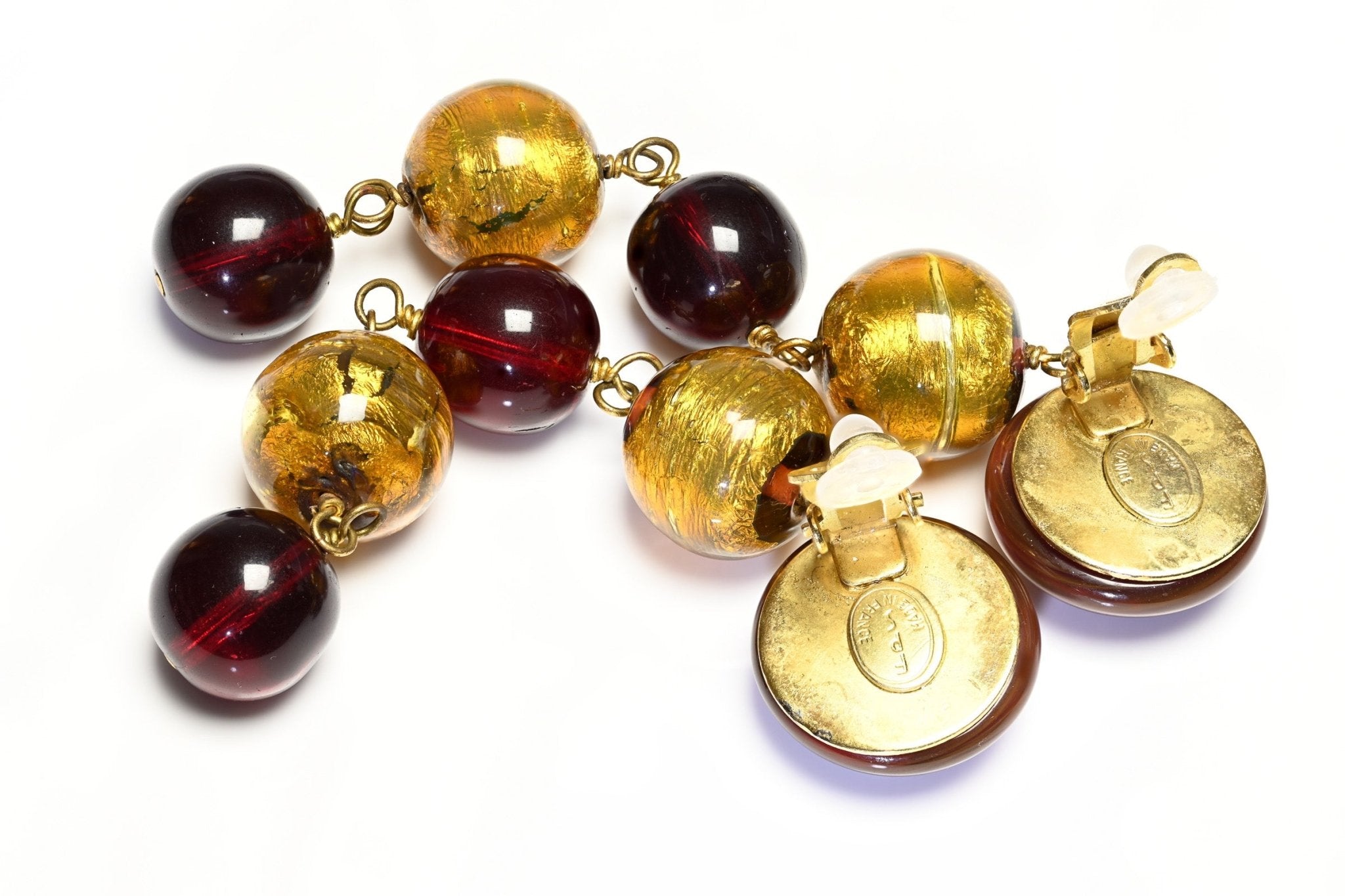 Vintage Frances Patiky Stein FPS Gripoix Red Gold Glass Beads Shoulder Duster Earrings