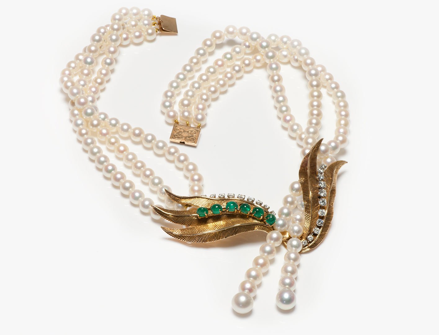 Vintage French 18K Gold Cabochon Emerald Diamond & Pearl Necklace