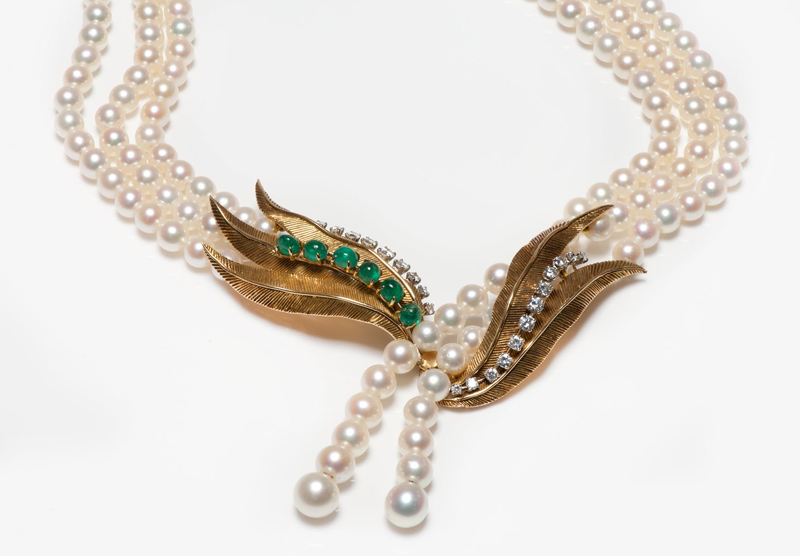Vintage French 18K Gold Cabochon Emerald Diamond & Pearl Necklace