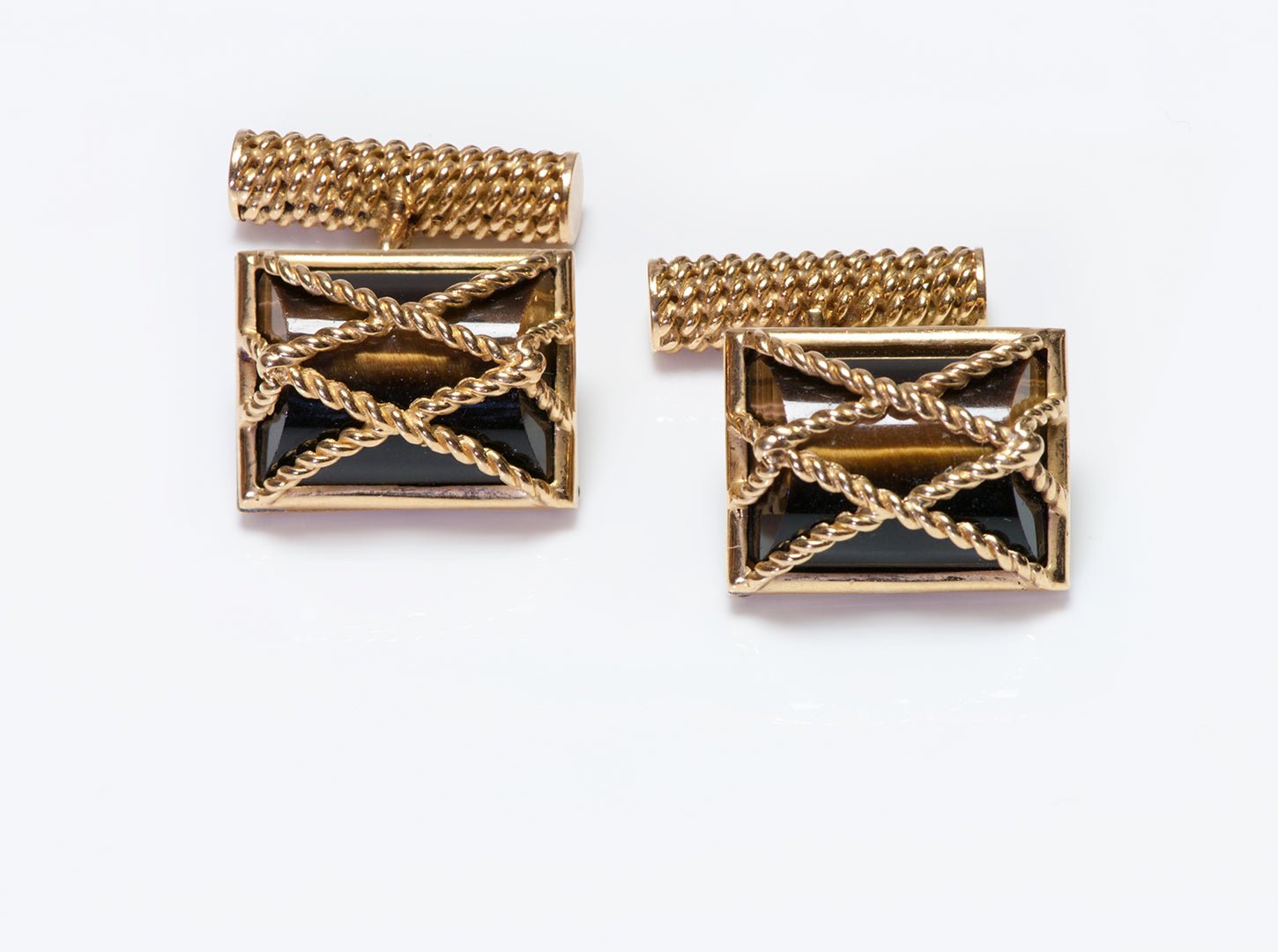 Vintage French 18K Gold Rope Tiger Eye Cufflinks