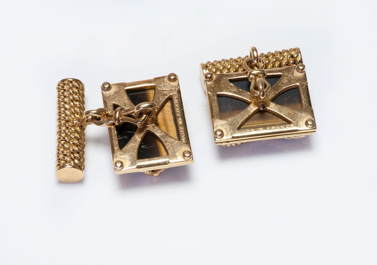 Vintage French 18K Gold Rope Tiger Eye Cufflinks