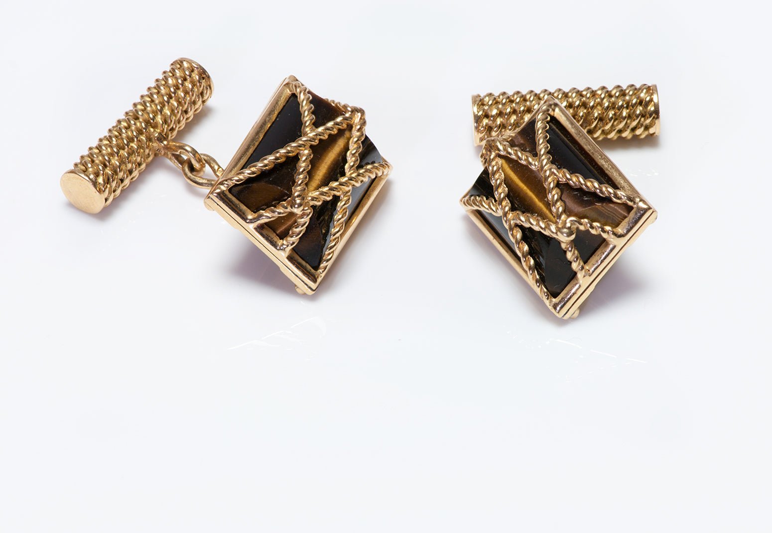 Vintage French 18K Gold Rope Tiger Eye Cufflinks