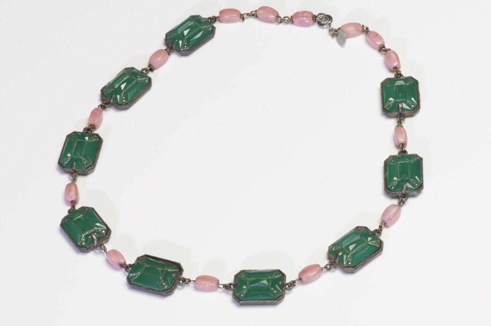 Vintage French Art Deco Style Green Carved Glass Pink Beads Collar Necklace
