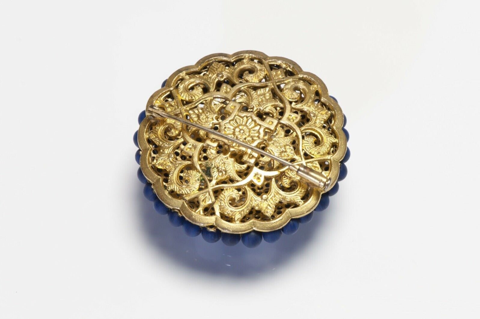 Vintage French Blue White Polka Dot Glass Resin Beads Brooch
