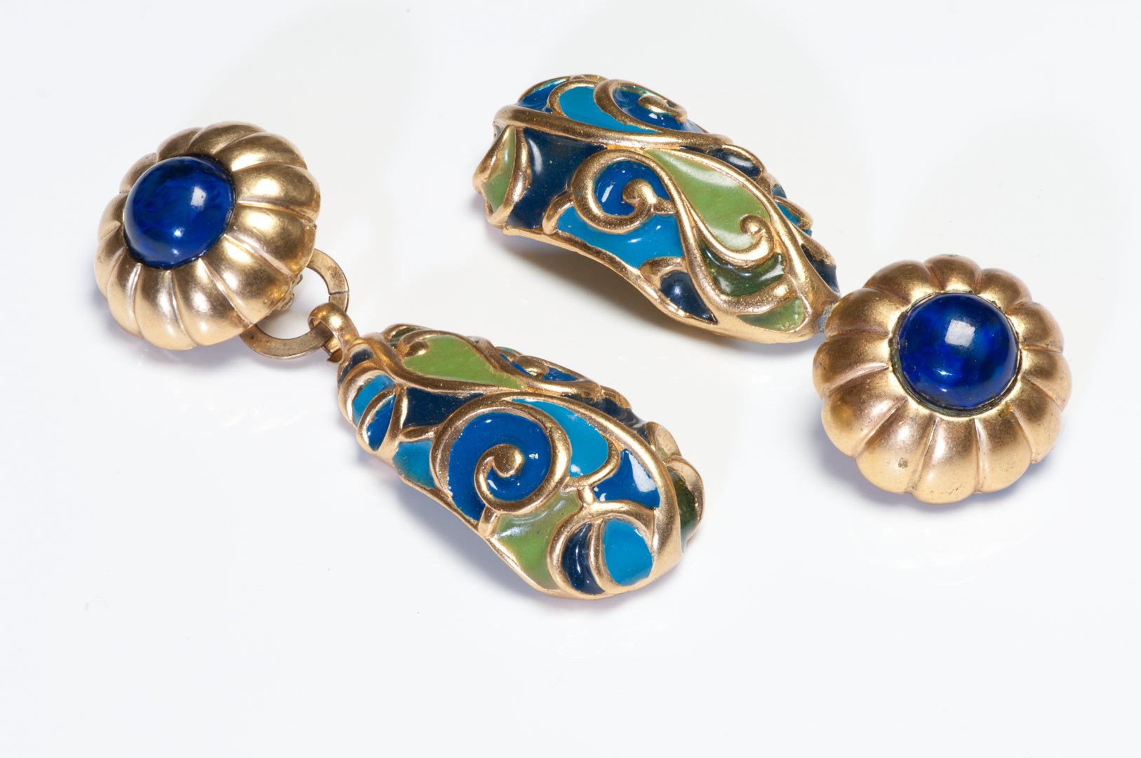 Vintage Gas Bijoux St.Tropez Long Blue Green Plique a Jour Glass Earrings