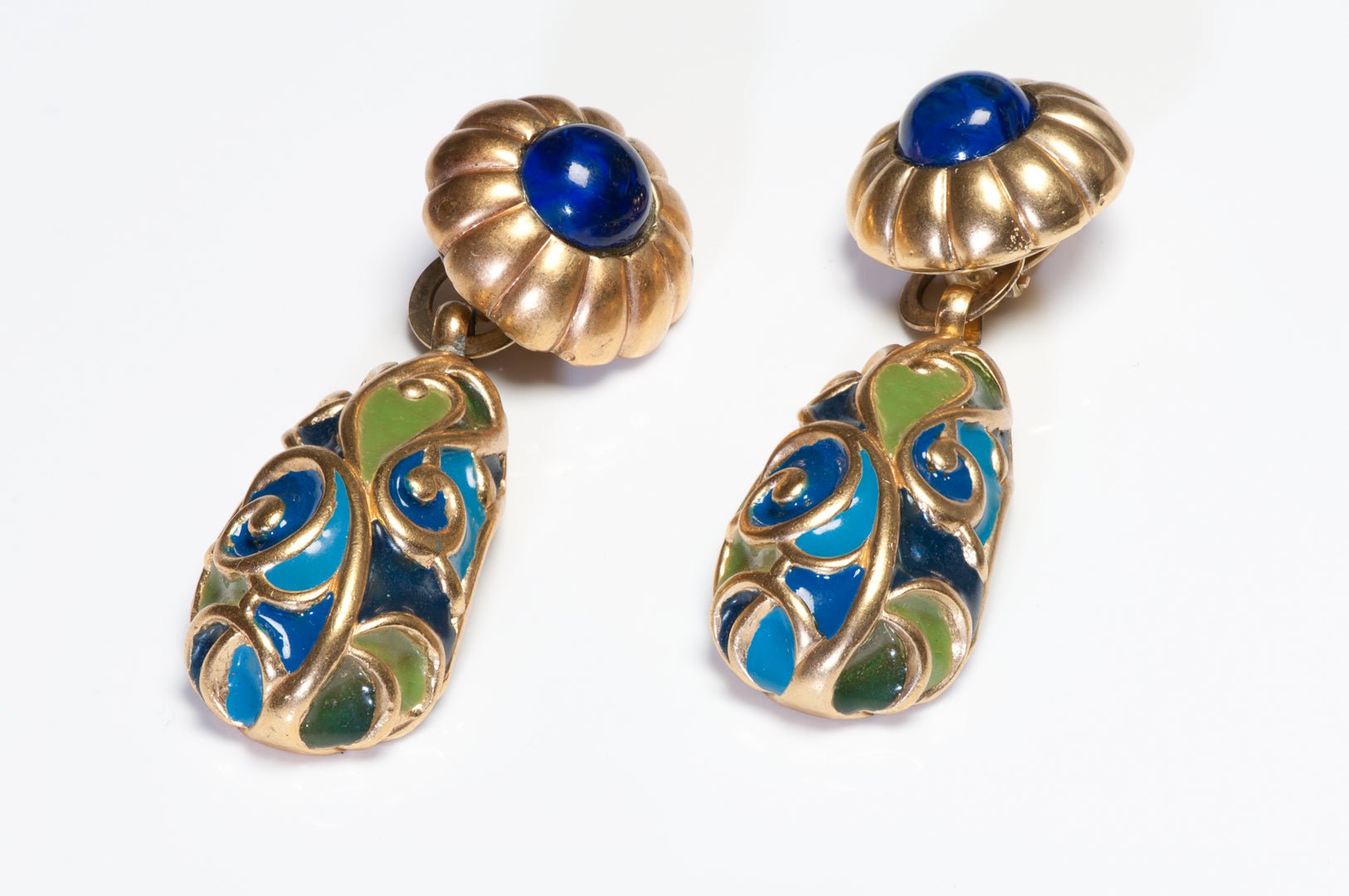 Vintage Gas Bijoux St.Tropez Long Blue Green Plique a Jour Glass Earrings